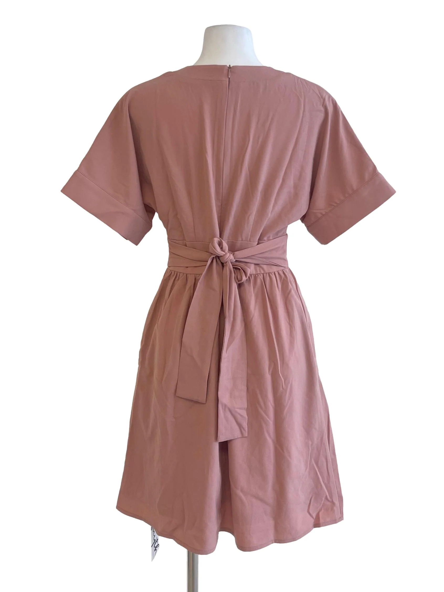 Peach V Neck Short Sleeve A Line Dress - Image 2