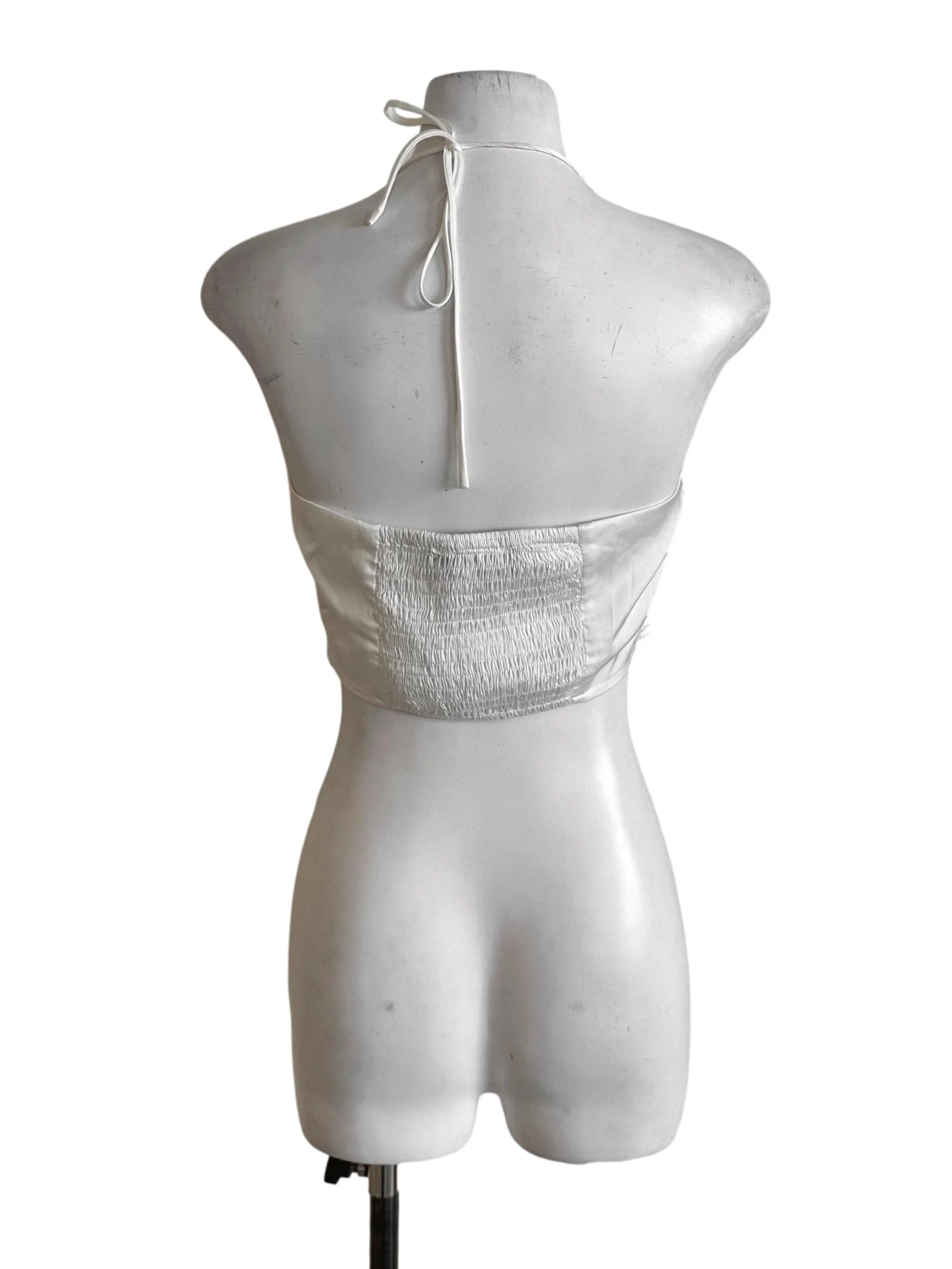 Pearl White Ruched Satin Halter Top - Image 2