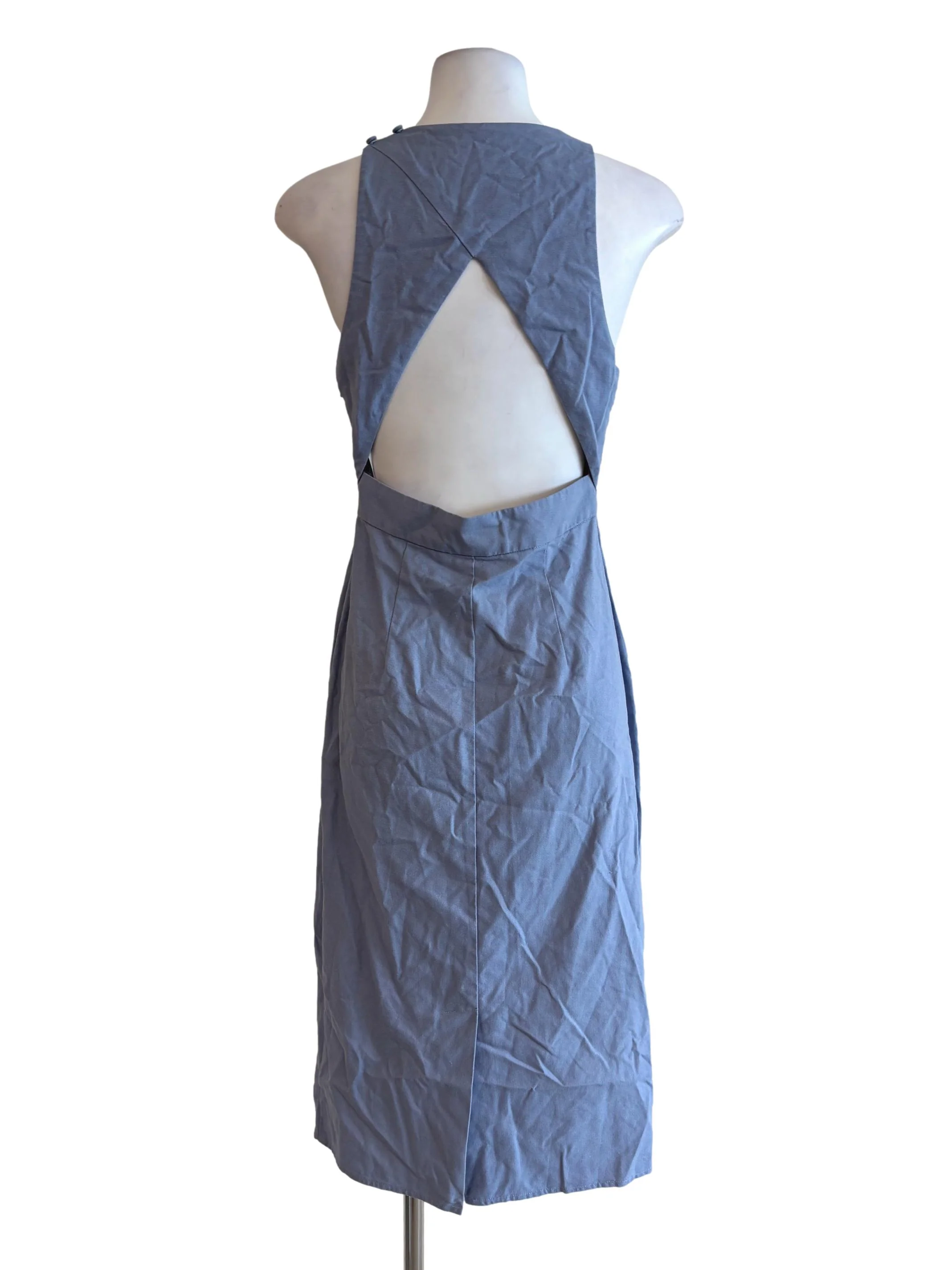 Pigeon Blue Sleeveless Linen Backless Dress LB - Image 2