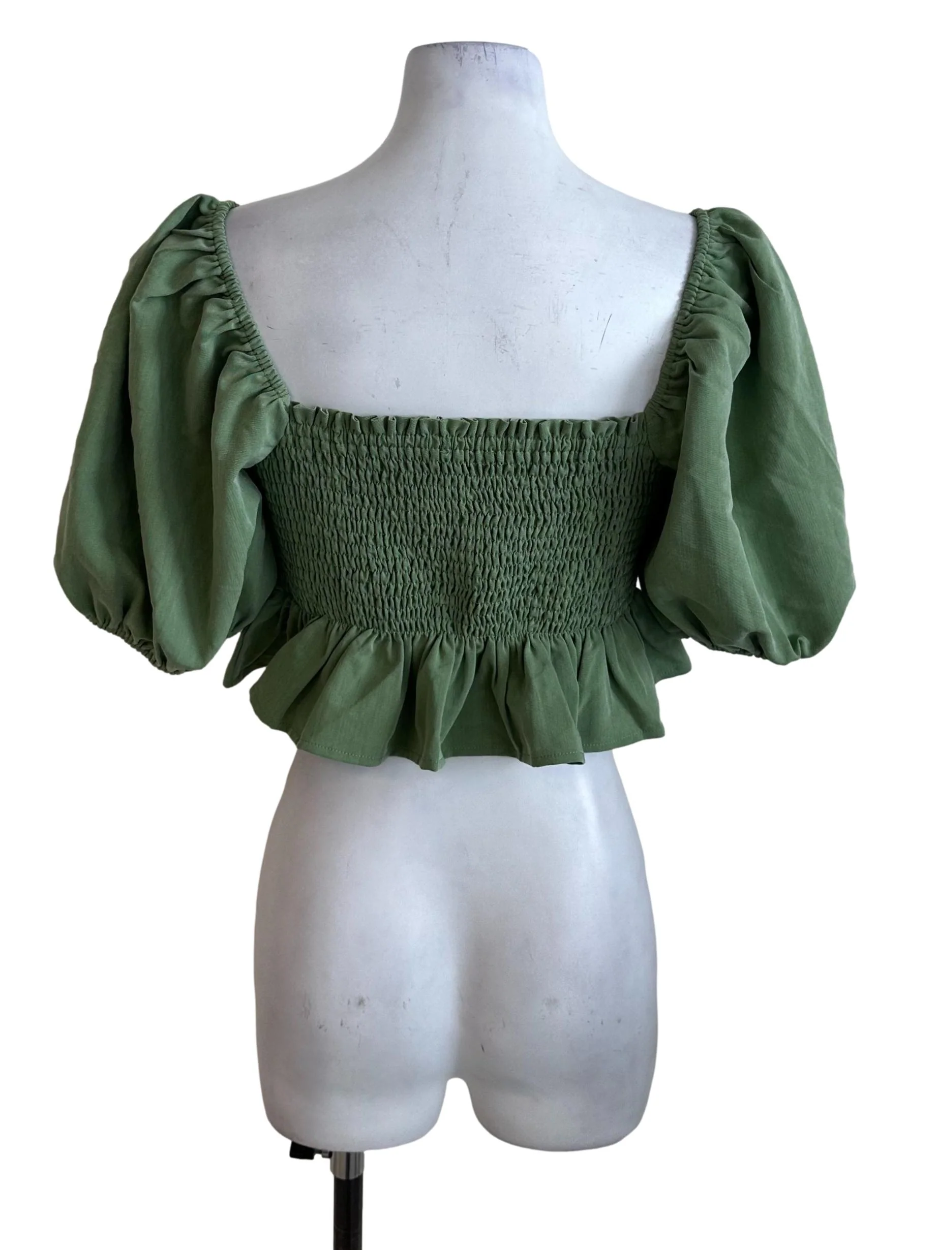 Pine Green Square Neck Ruched Peplum Top - Image 2