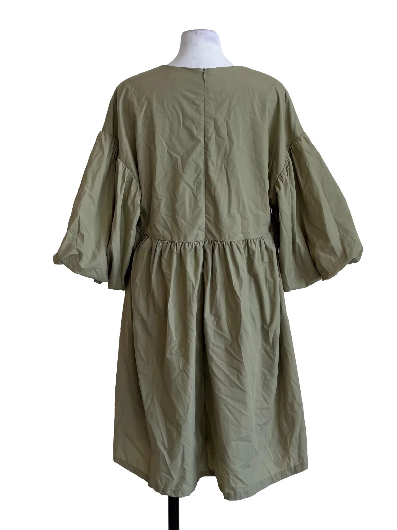 Pistachio Green Puff Sleeve Cotton Dress - Image 2
