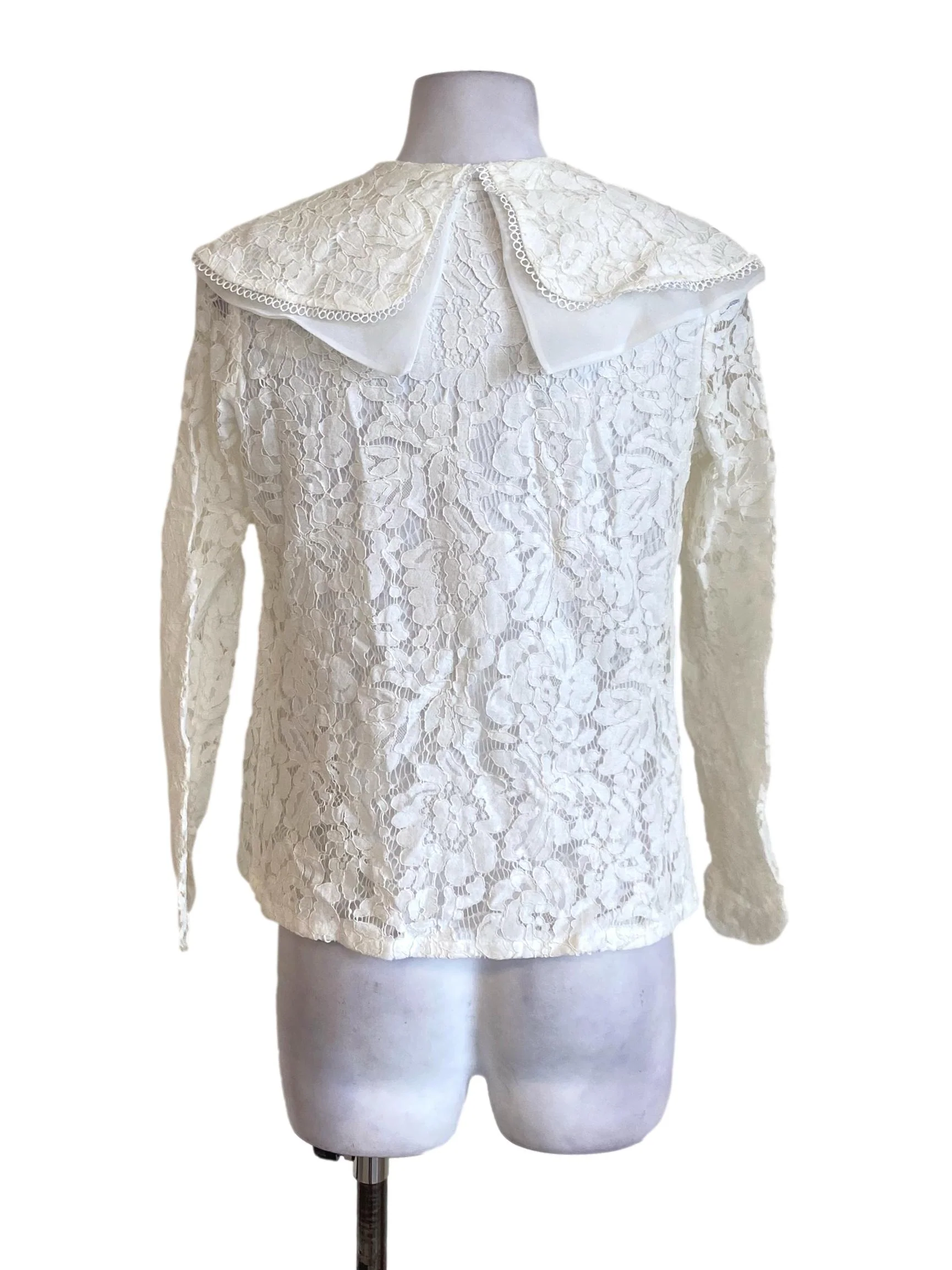 Porcelain White Floral Lace Puritan Neck Long Sleeve Blouse - Image 2