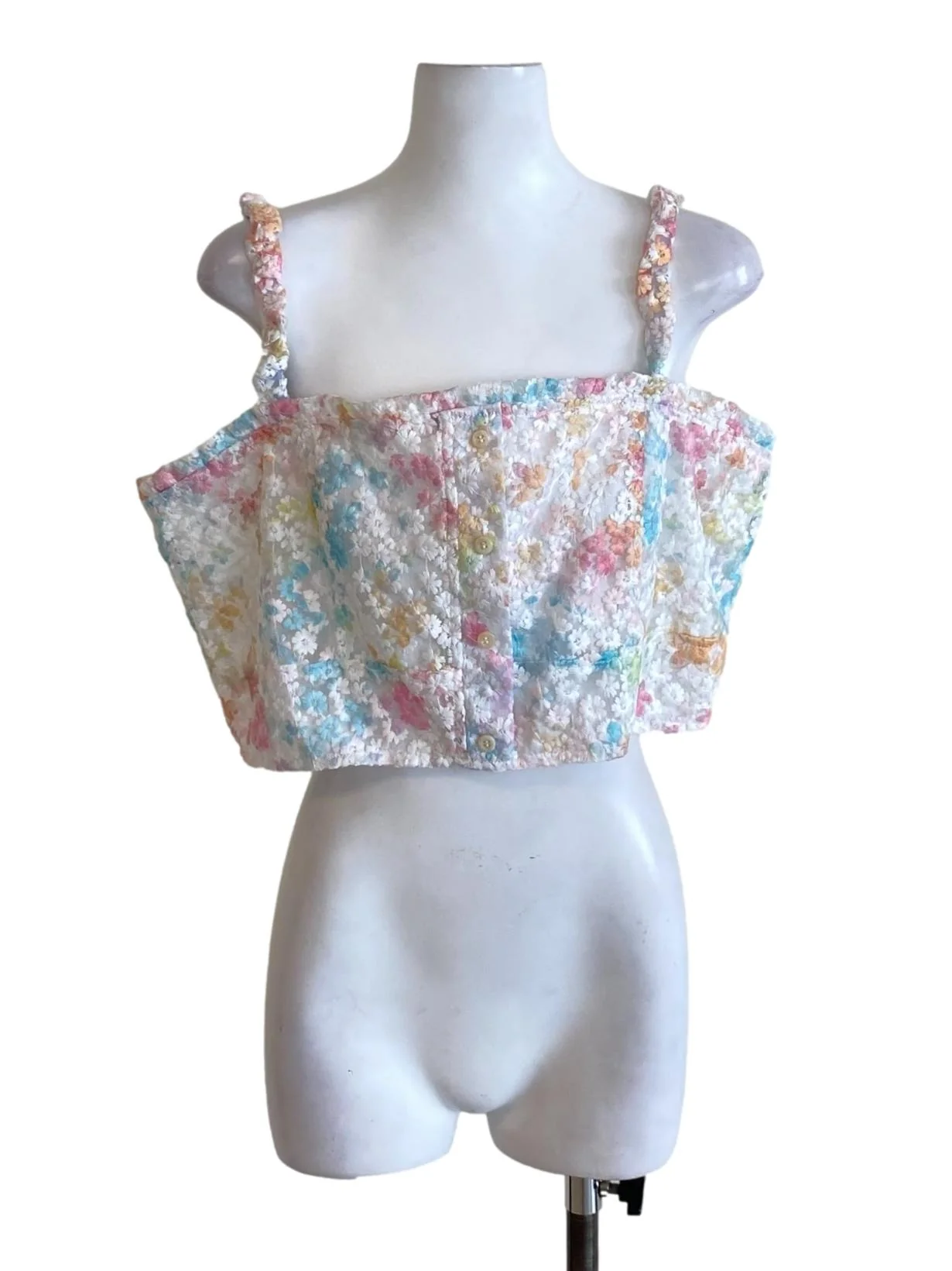 Powder White Colourful Floral Mesh Buttoned Down Cropped Top