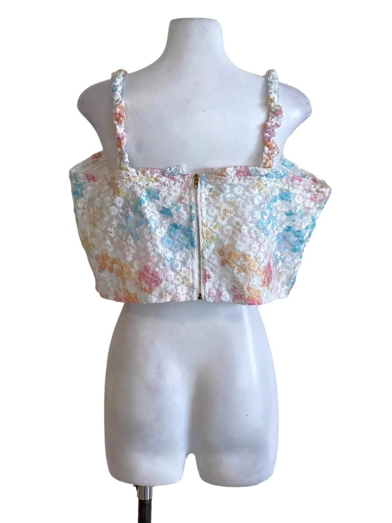 Powder White Colourful Floral Mesh Buttoned Down Cropped Top - Image 2