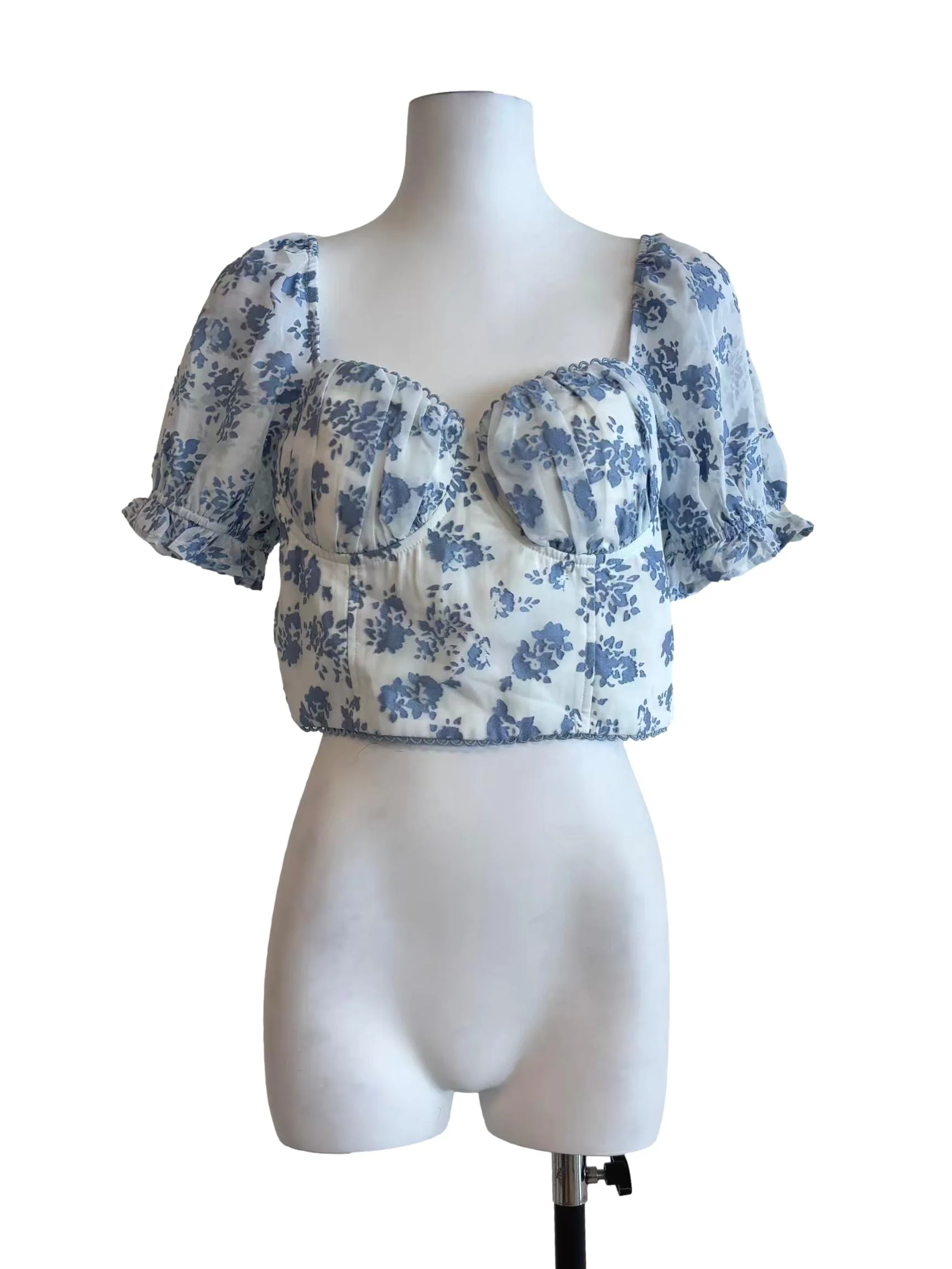 Powder White Floral Blue Sweetheart Top
