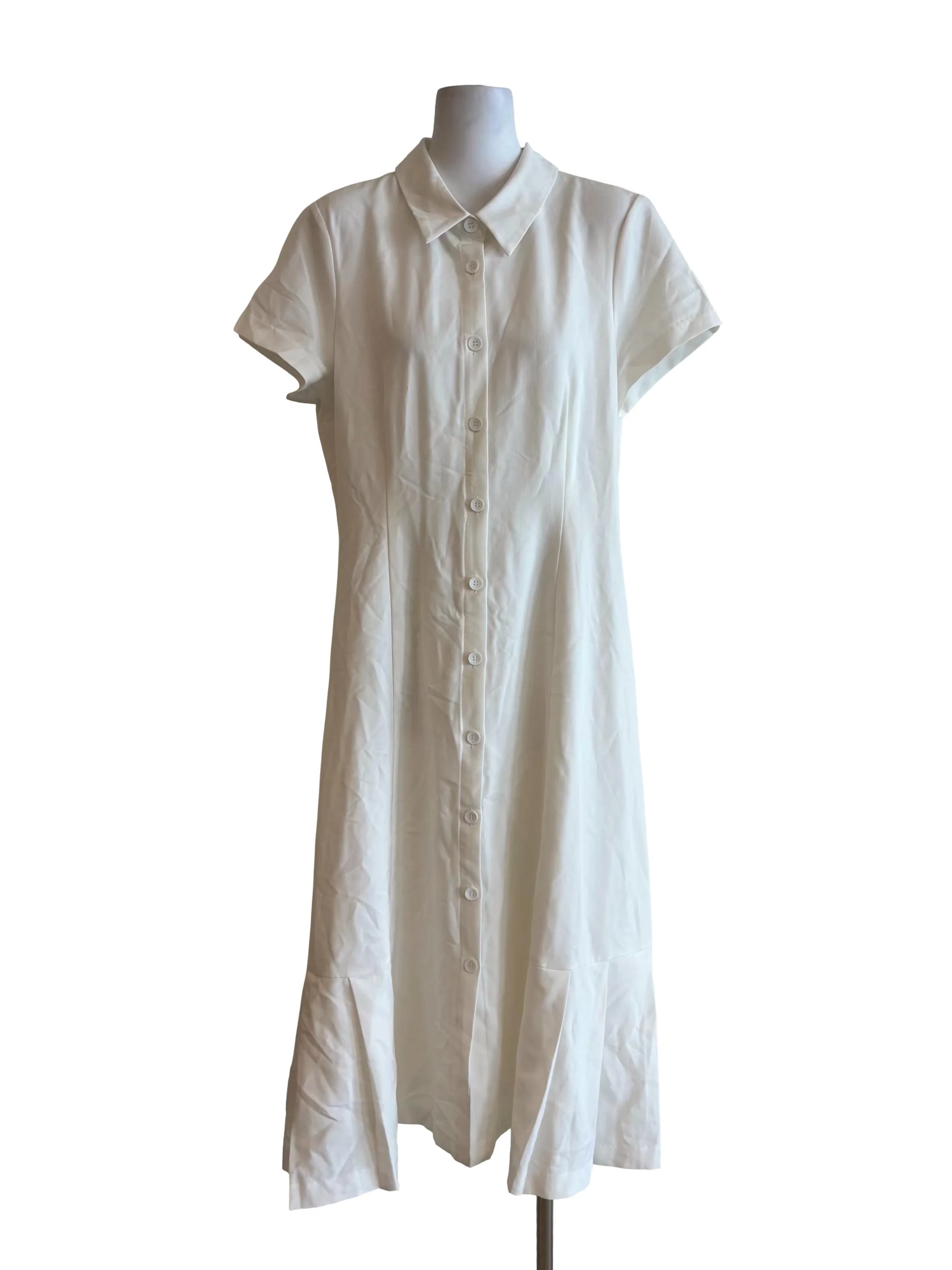 Powder White Short Sleeve Button Down Dress