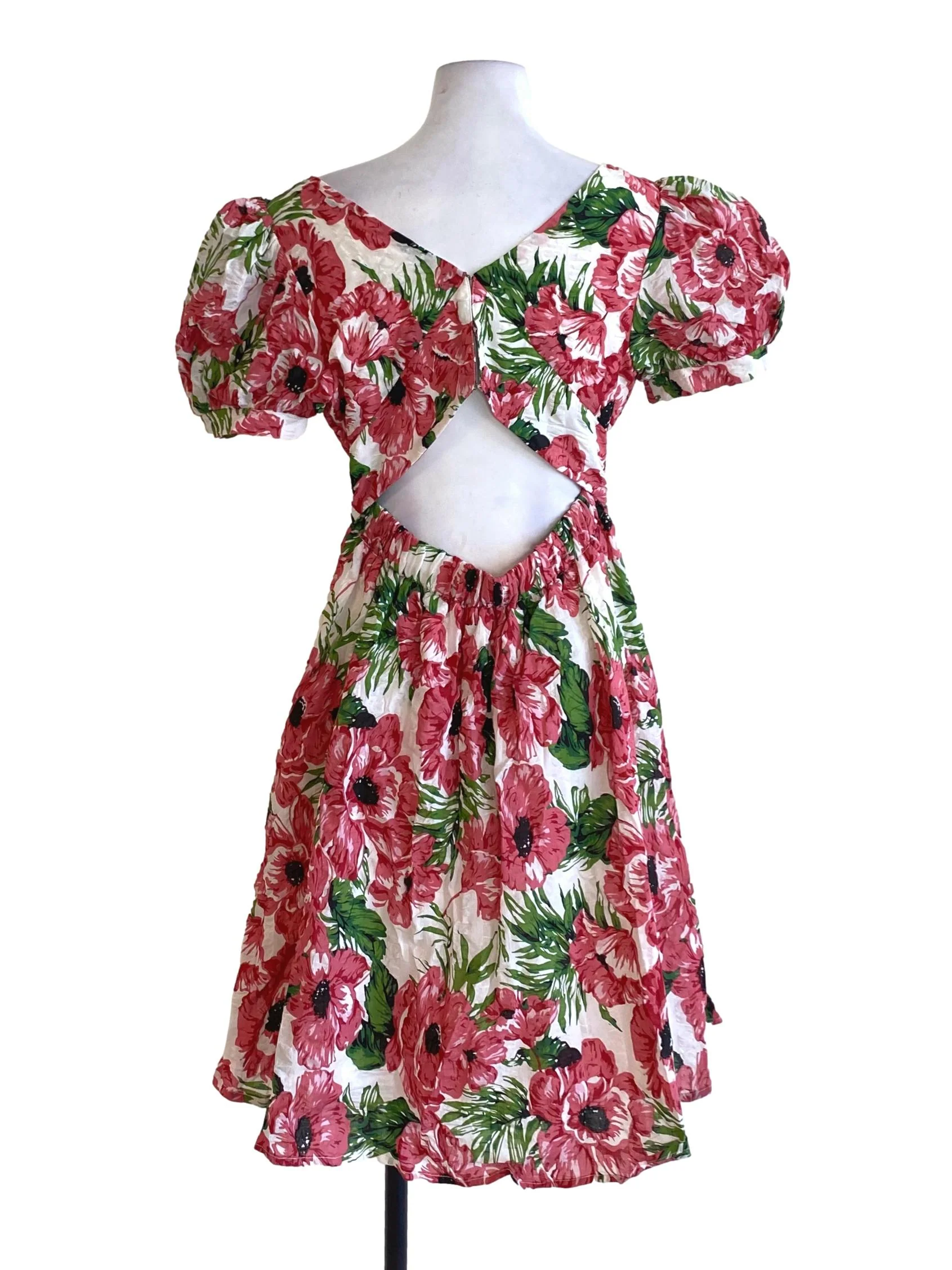 Punch Pink Floral Square Neck Puffed A-Line Dress - Image 2