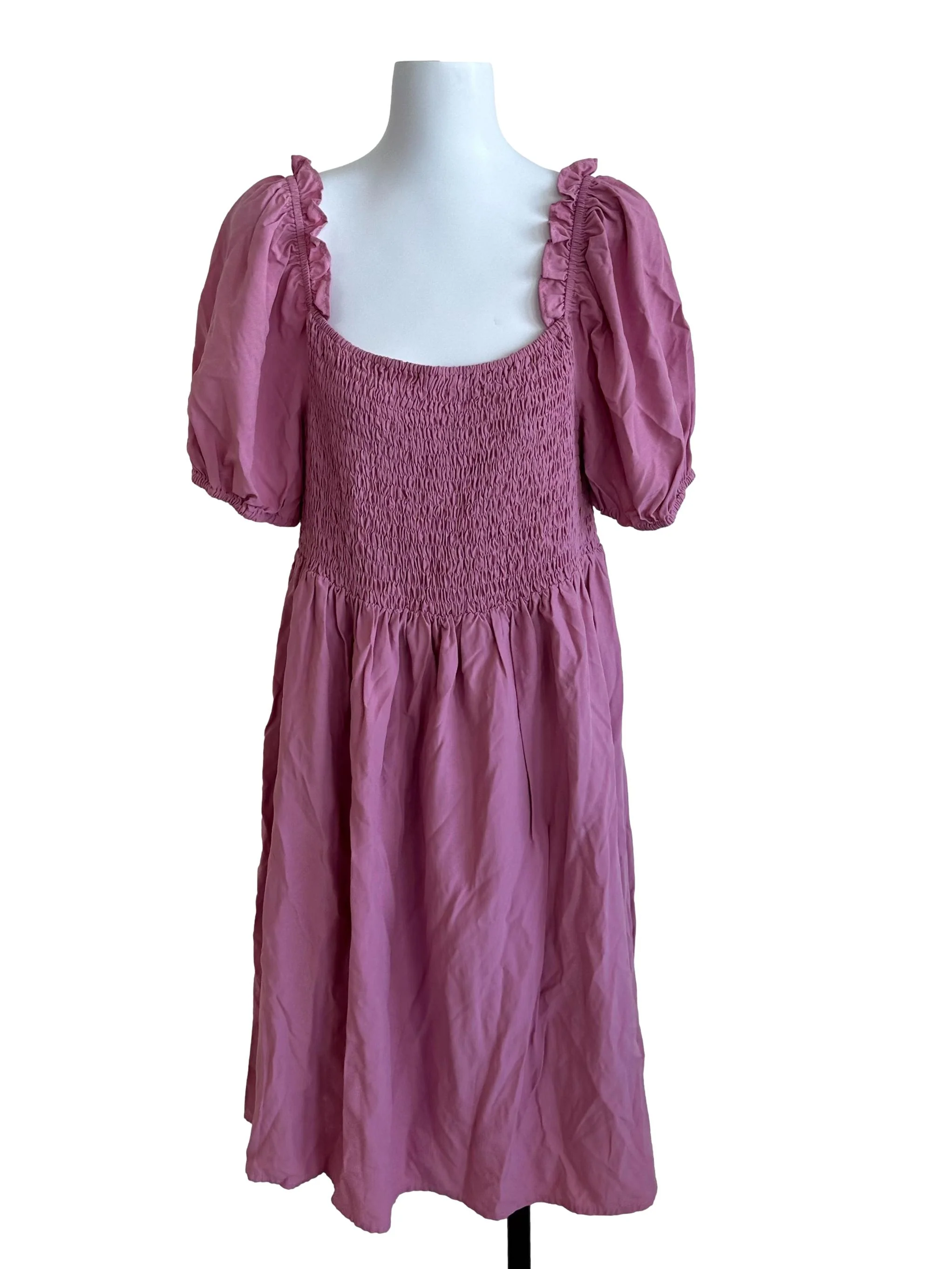 Punch Pink Ruched Scoop Neck Puff Sleeve Dress