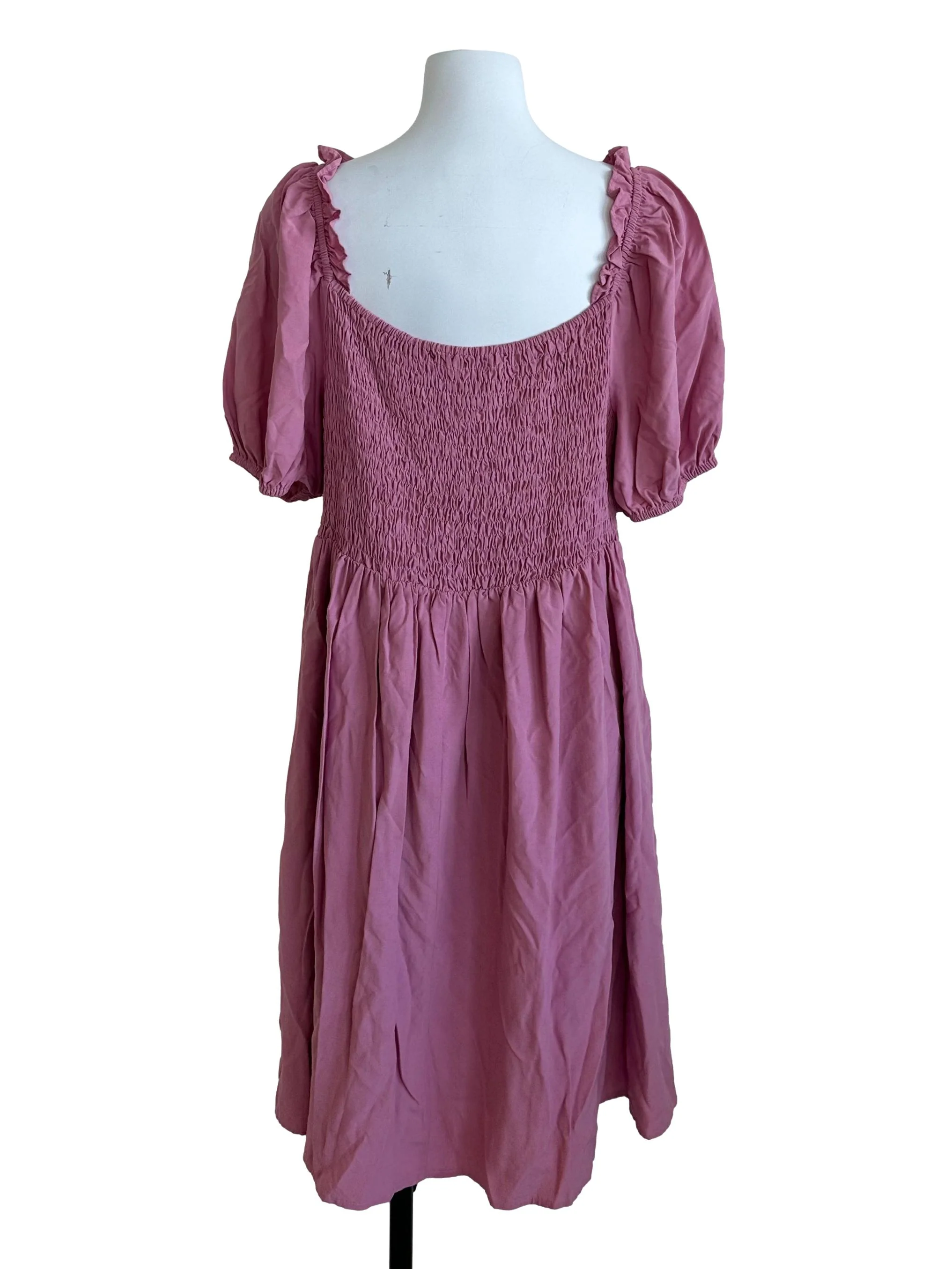 Punch Pink Ruched Scoop Neck Puff Sleeve Dress - Image 2