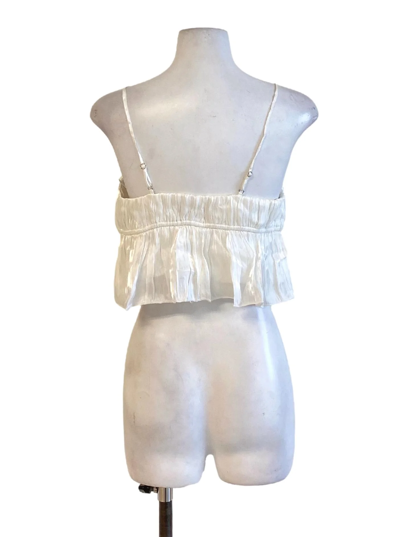 Pure White Wrinkled Spaghetti Strap Peplum Cropped Top - Image 2