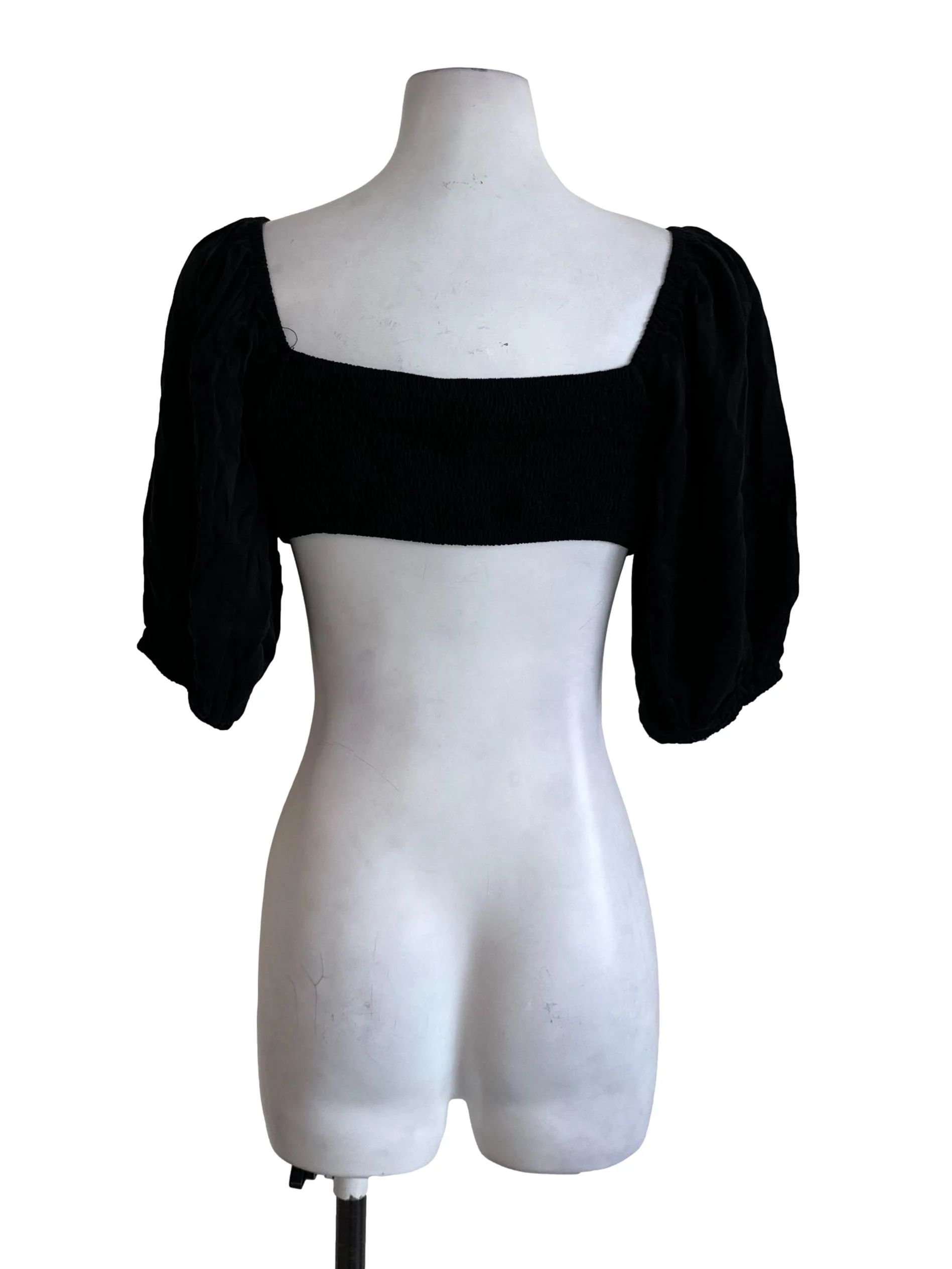 Raven Black Button Puff Sleeve Crop Top - Image 2