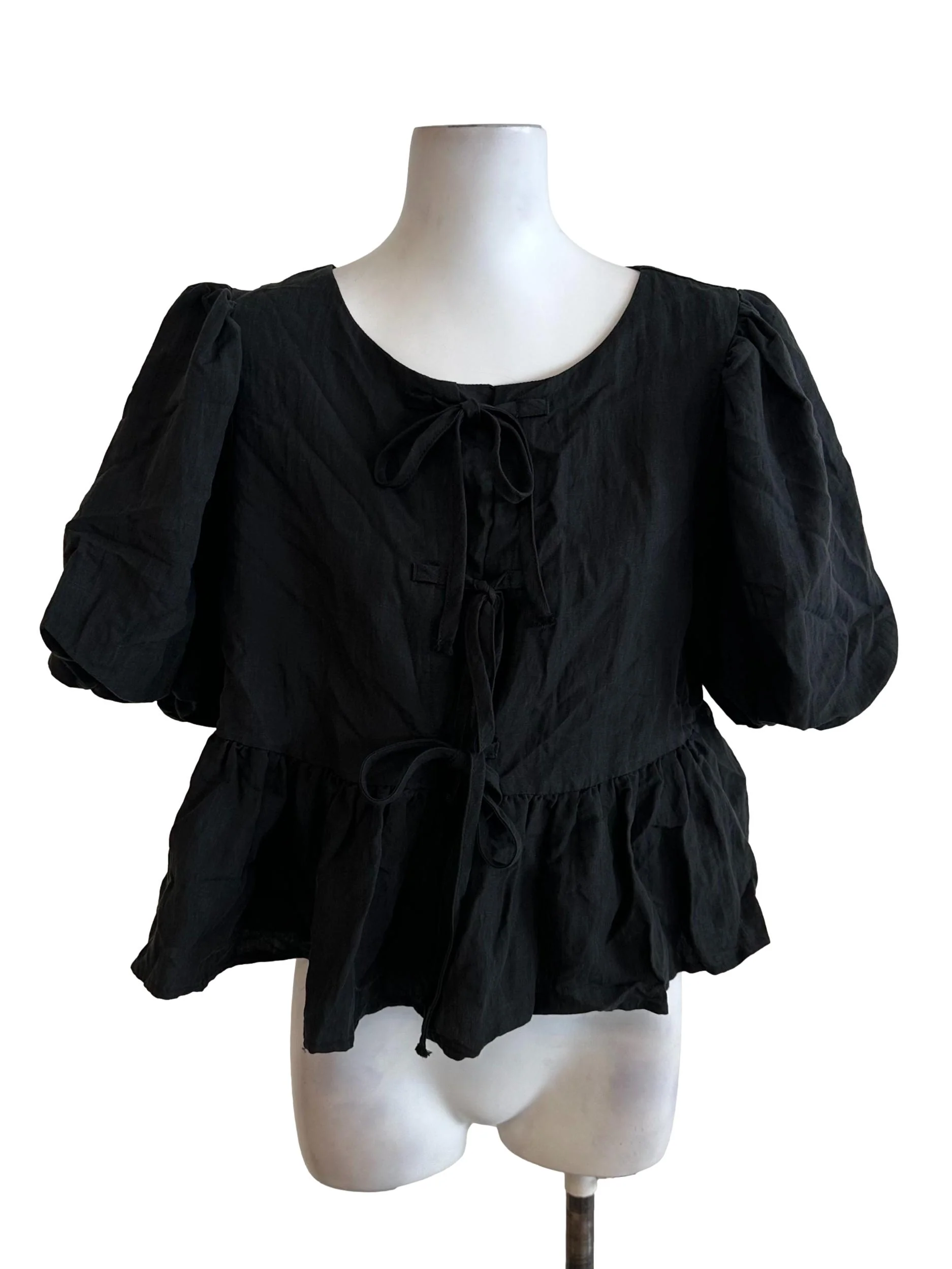 Raven Black Ribbon Puff Sleeve Top