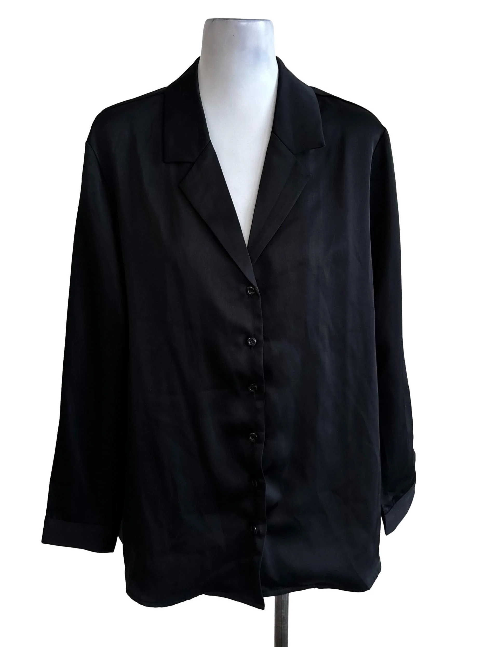 Raven Black Satin V Neck Button Top