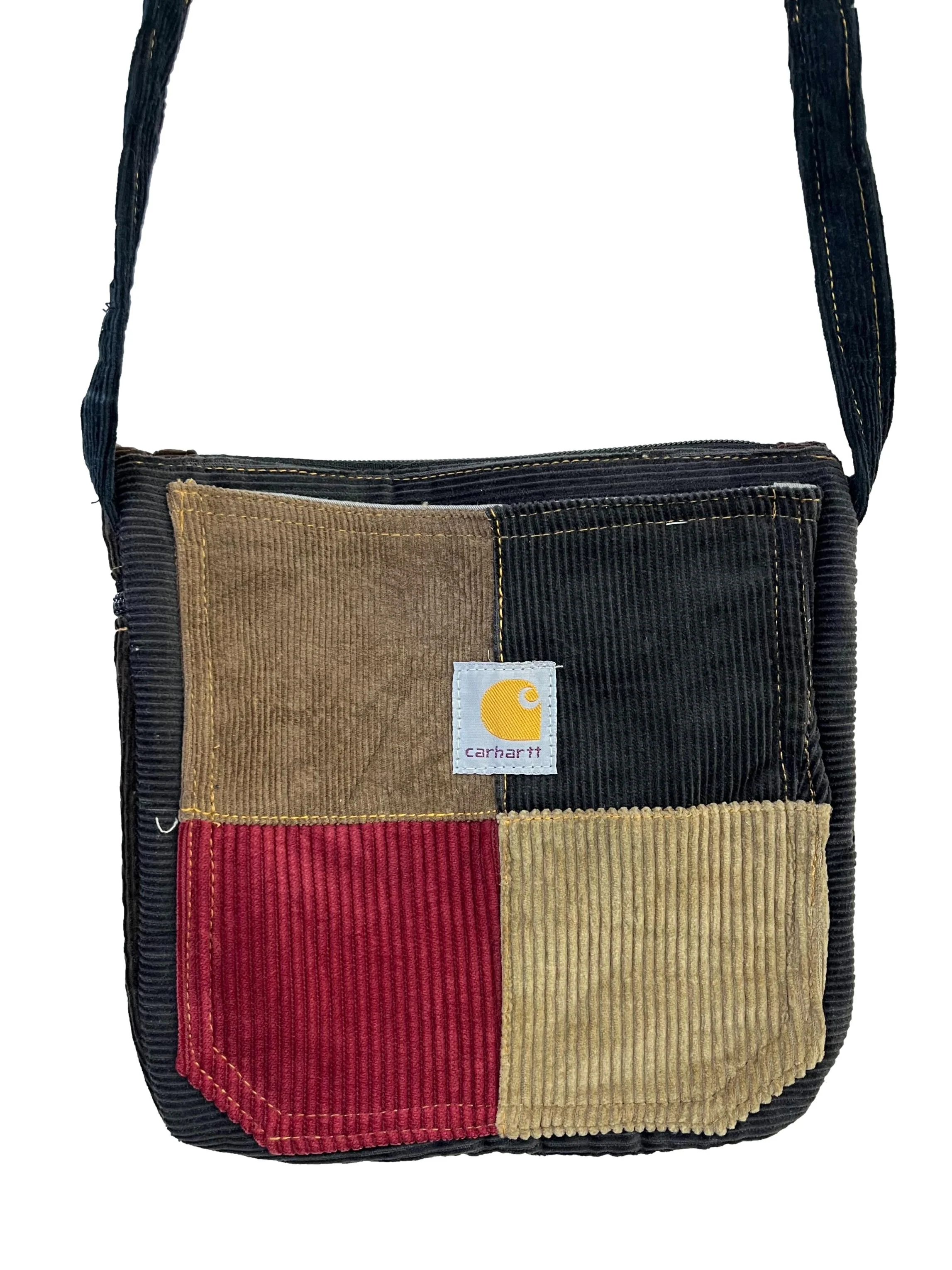 Red Black Patch Corduroy Mini Reworked Crossbody Bag With Black Strap