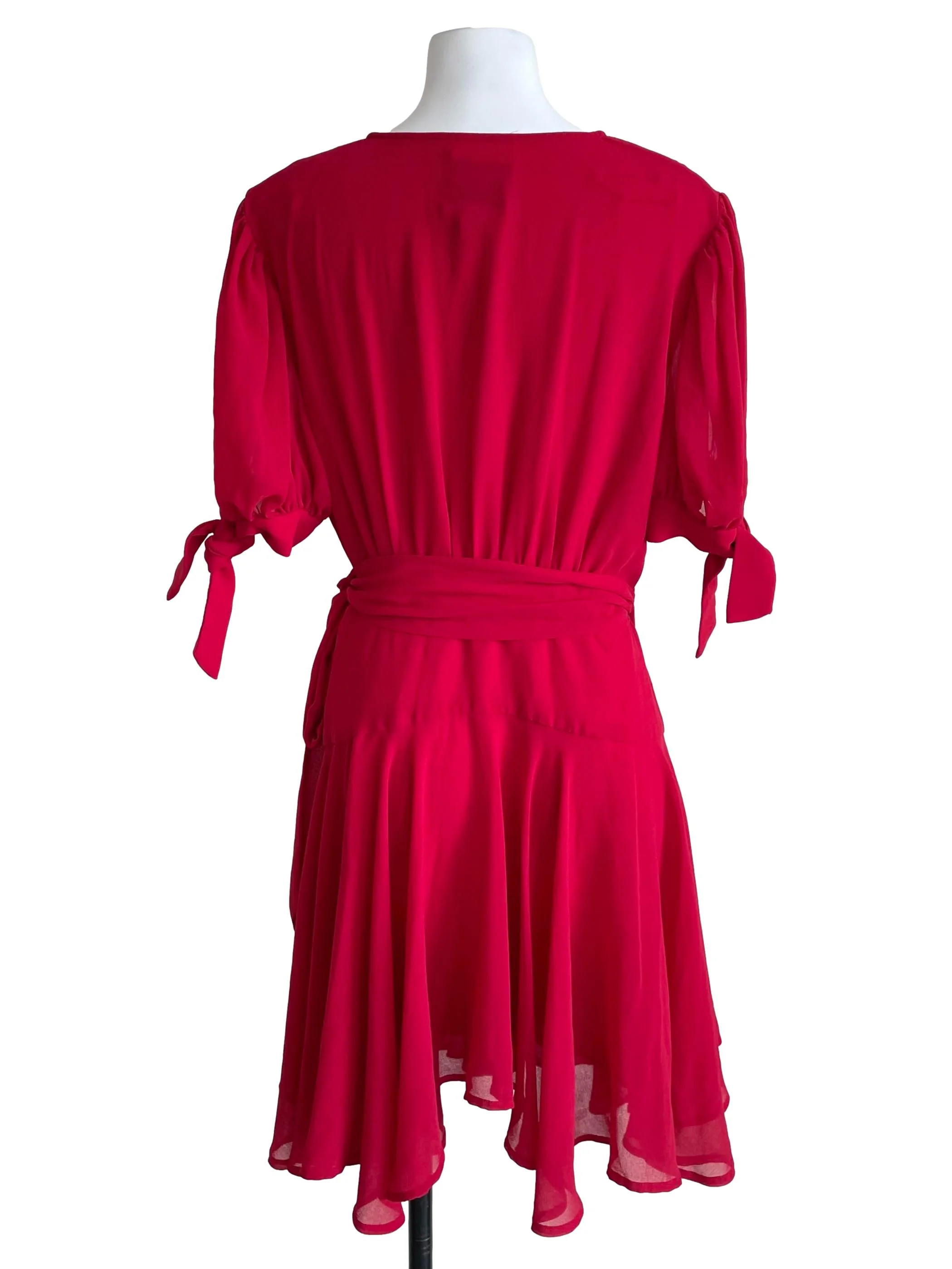 Red Puff Sleeves Chiffon Wrap Dress - Image 2