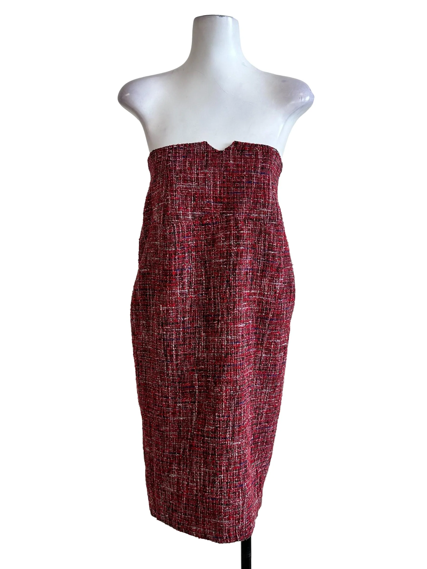 Red Tweed Pattern Strapless Dress
