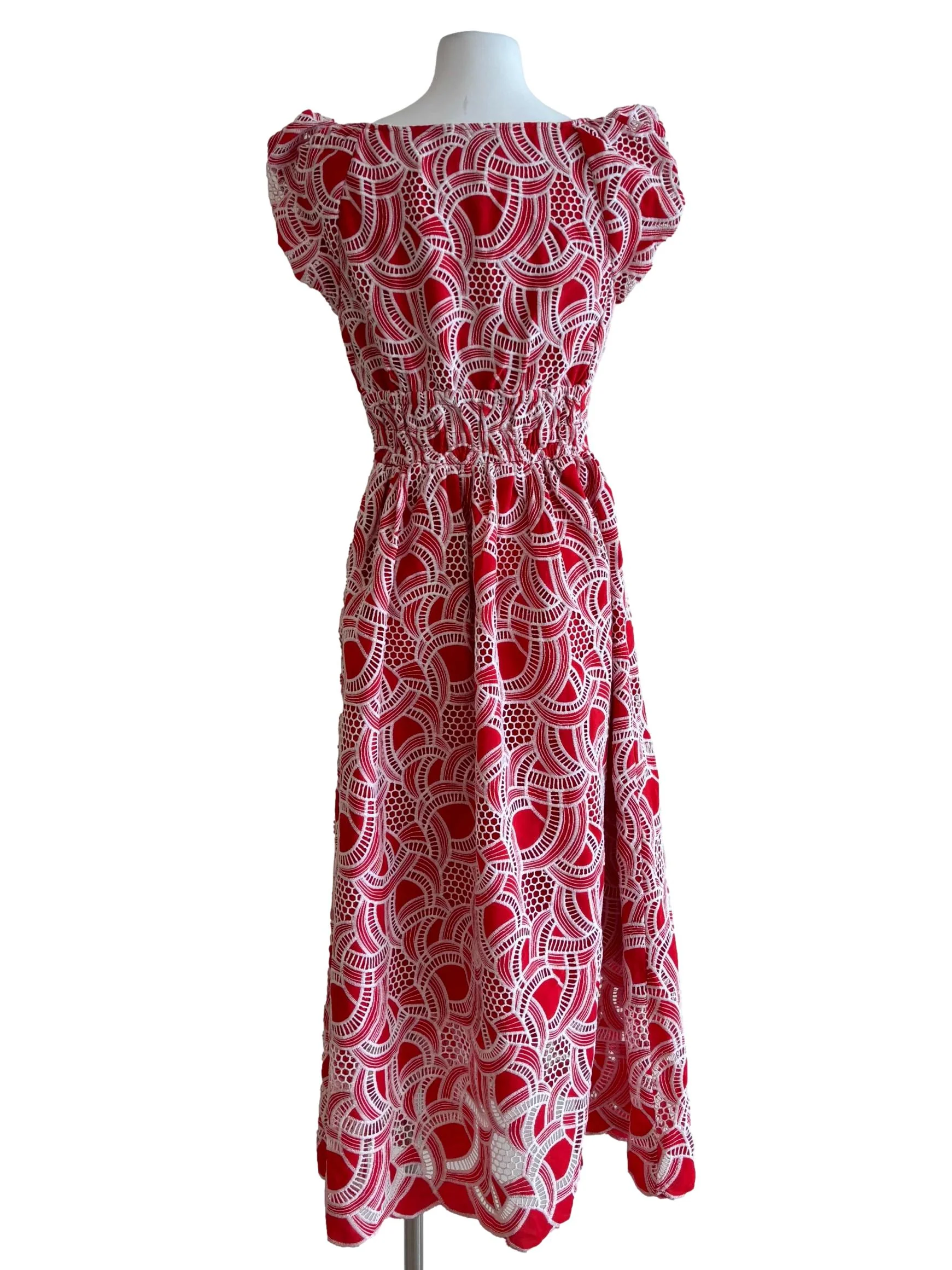 Red Wide Neck Patterned Embroidery Dress - Image 2