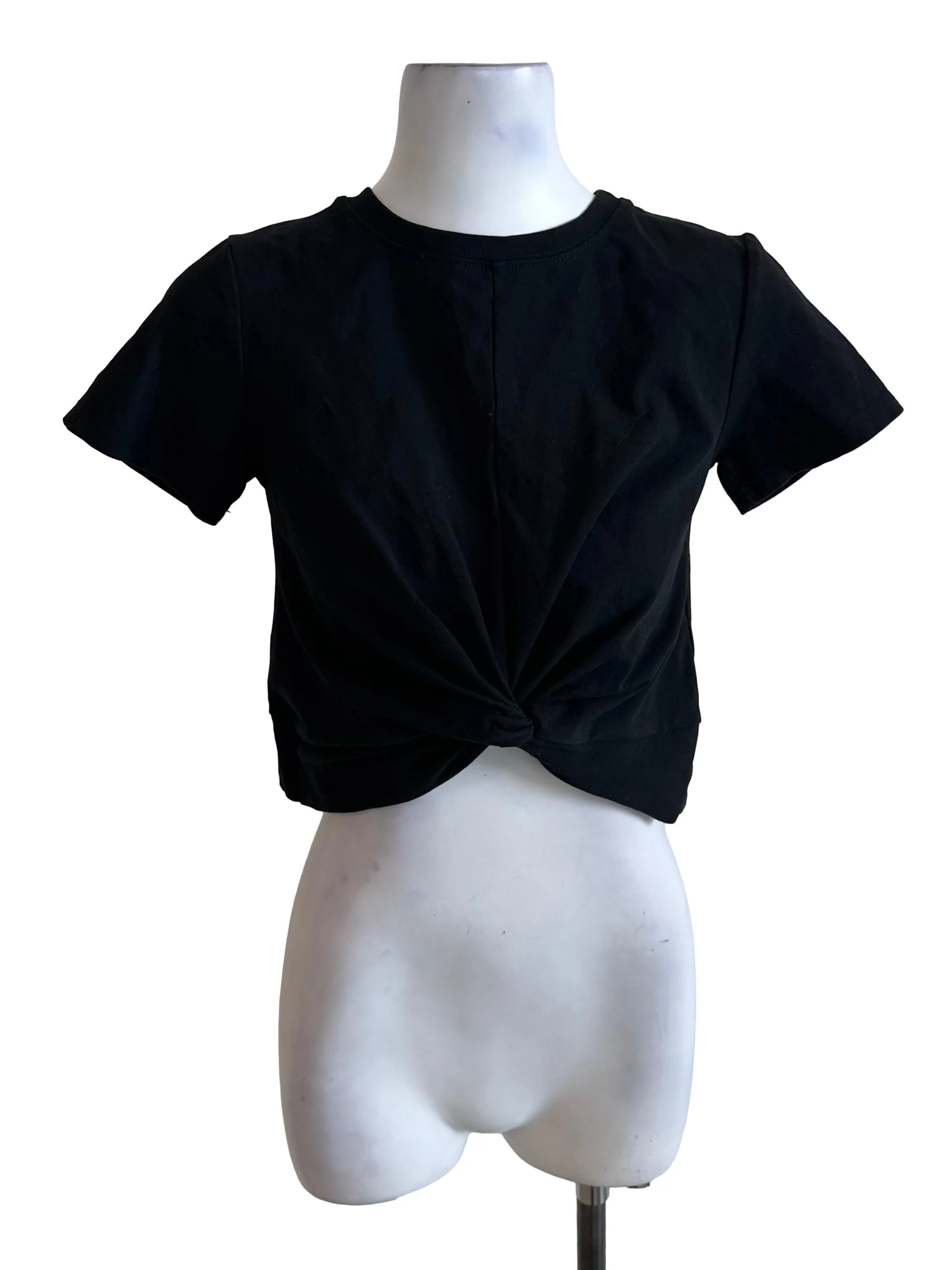 Rich Black Round Neck Front Knot Tee Top