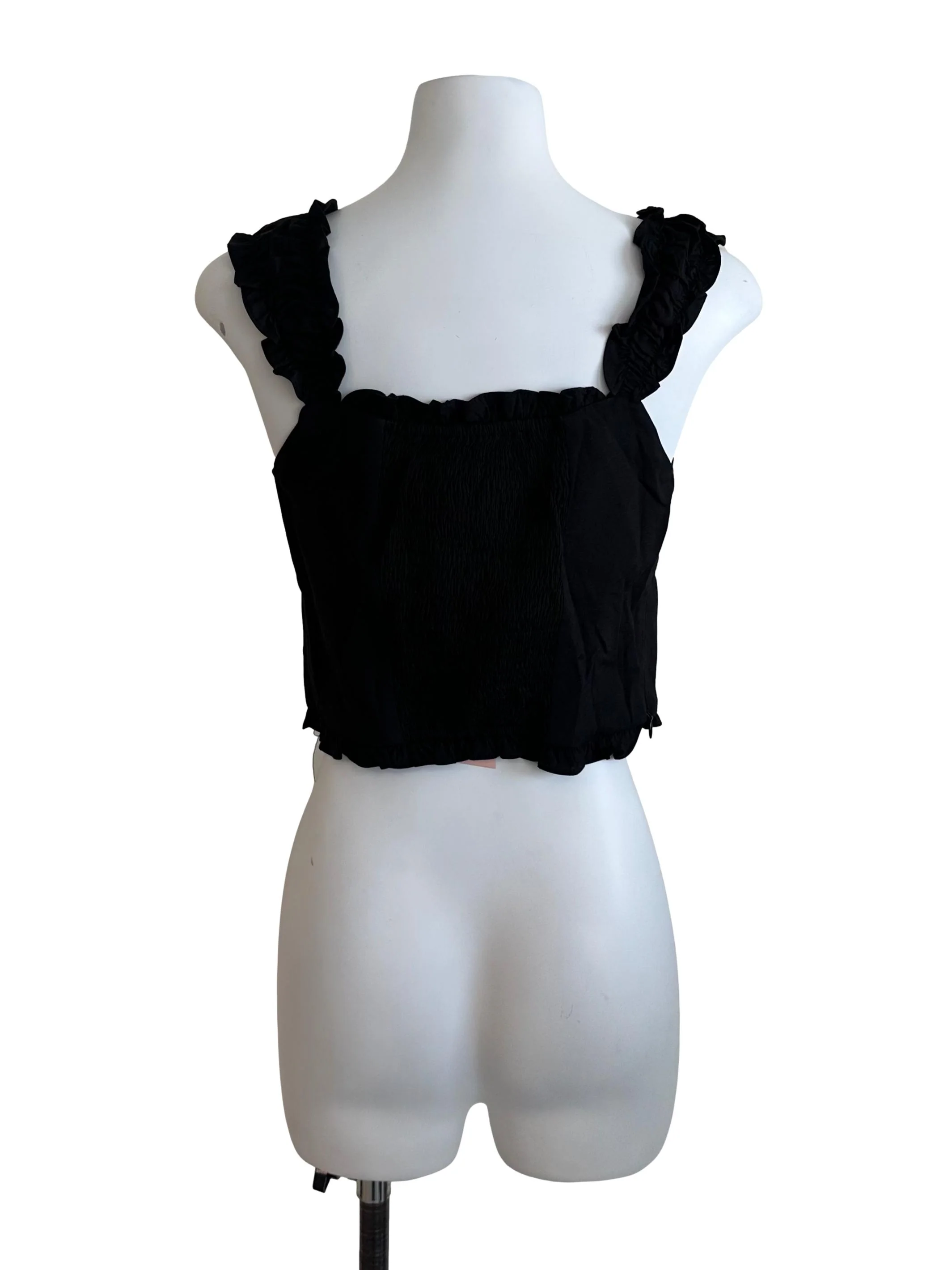 Rich Black Ruffle Pleated Button Fitted Top - Image 2