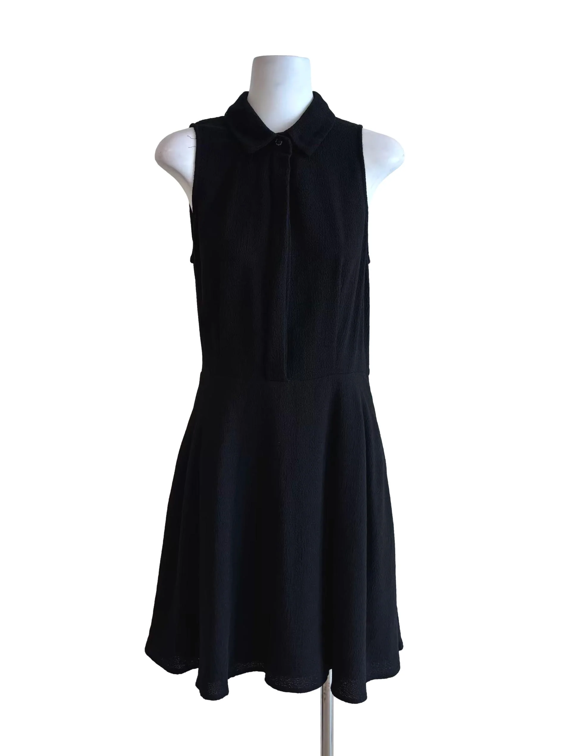 Rich Black Sleeveless Collared A-Line Dress