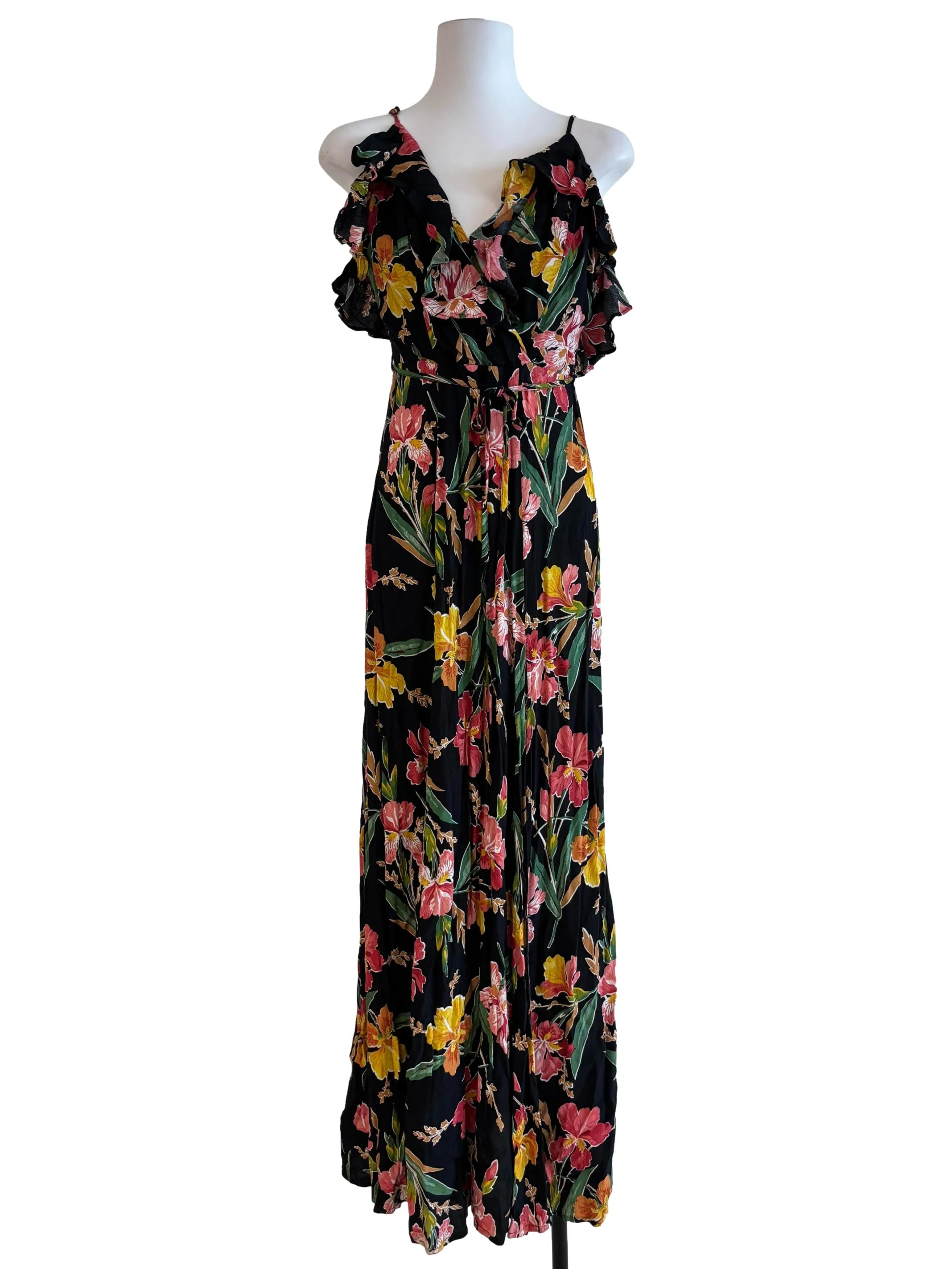 Rich Black Spaghetti Strap Floral Dress