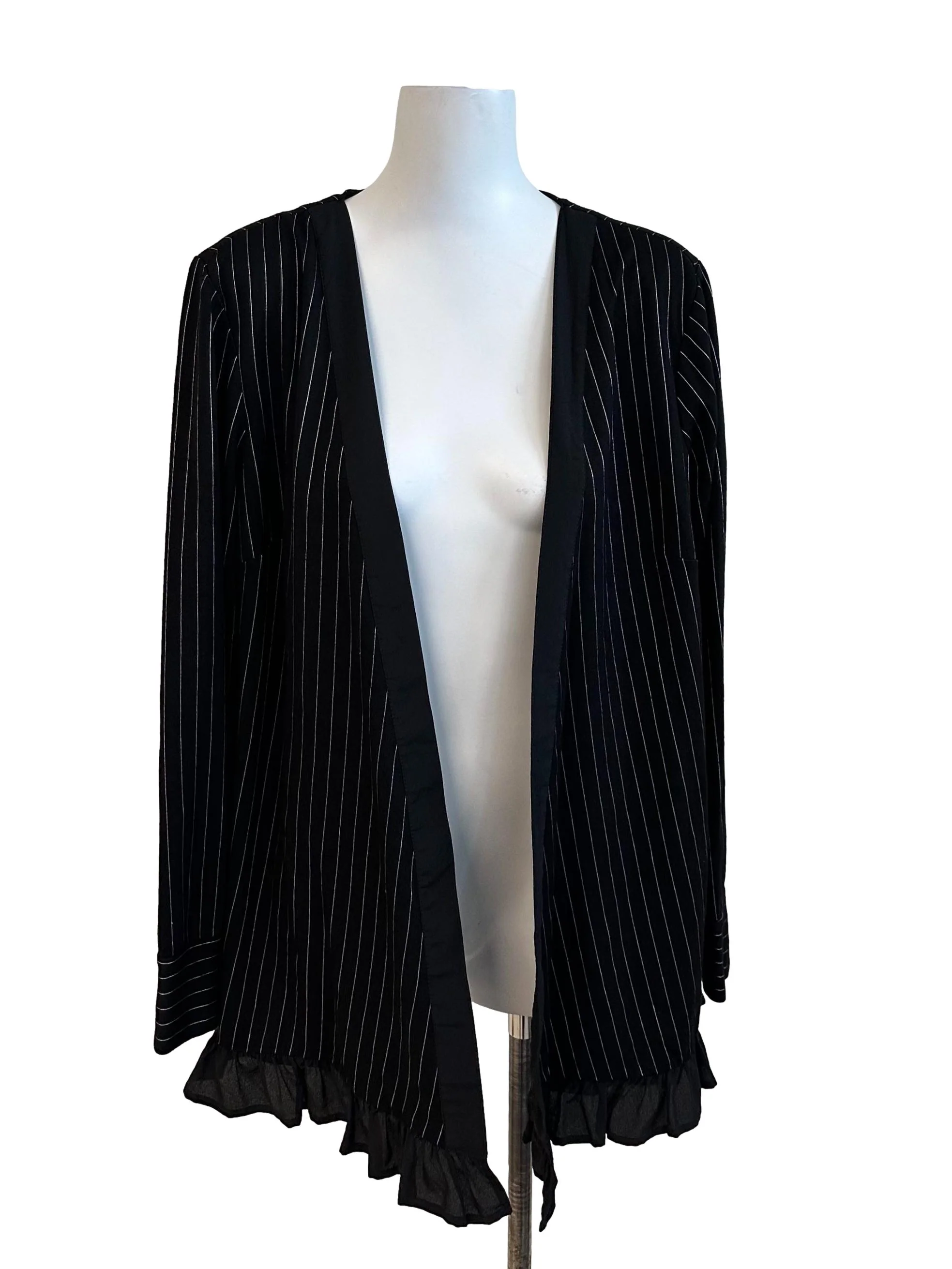 Rich Black Stripe Ruffle Front Open Cardigan