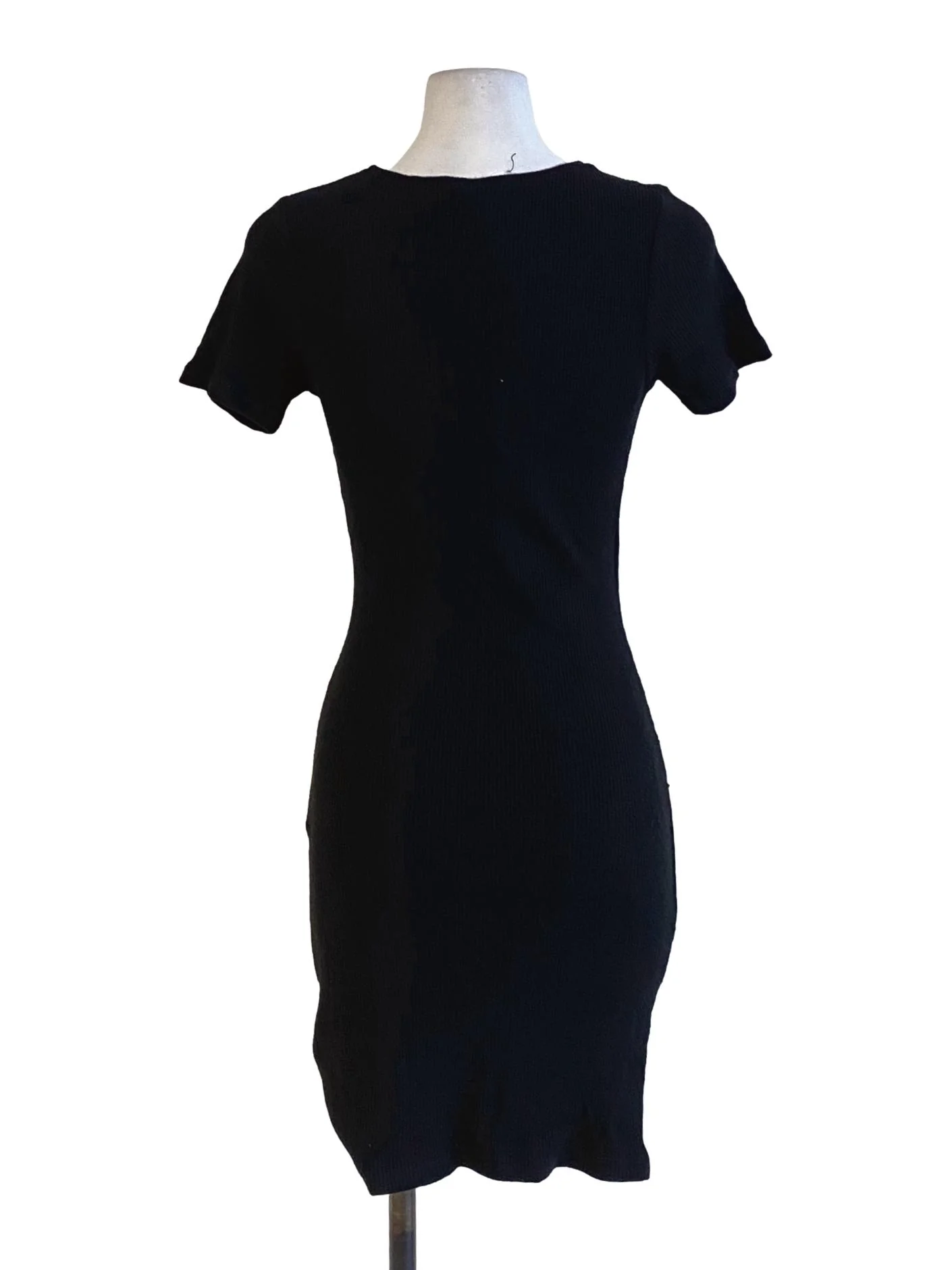 Rich Black V-Neck Short Sleeve Fit Bodycon Dress - Image 2
