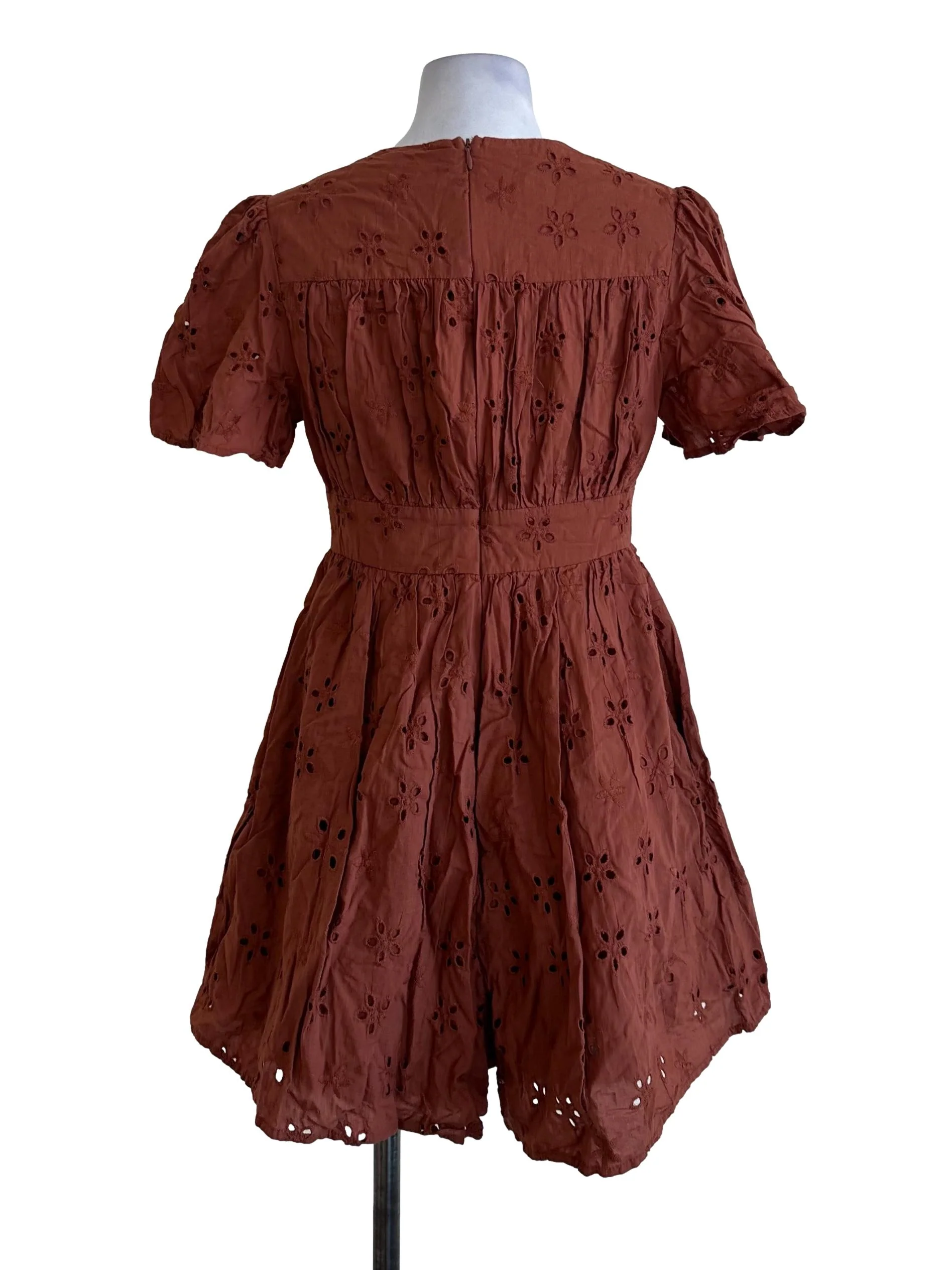 Rich Brown Eyelet Embroidery V Neck Rompers - Image 2