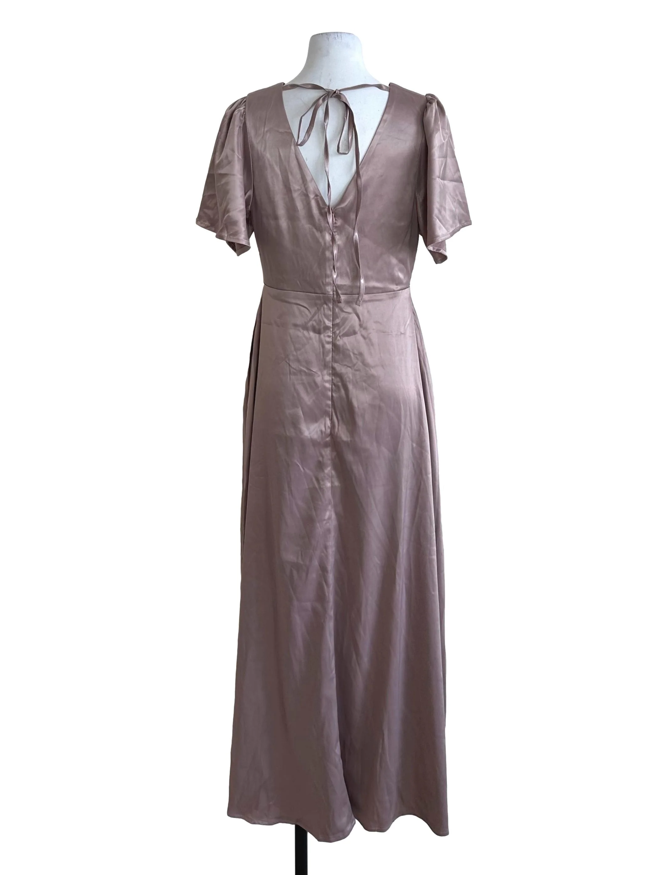 Rose Brown Satin V Neck Overlap Back Tie Dress - Image 2