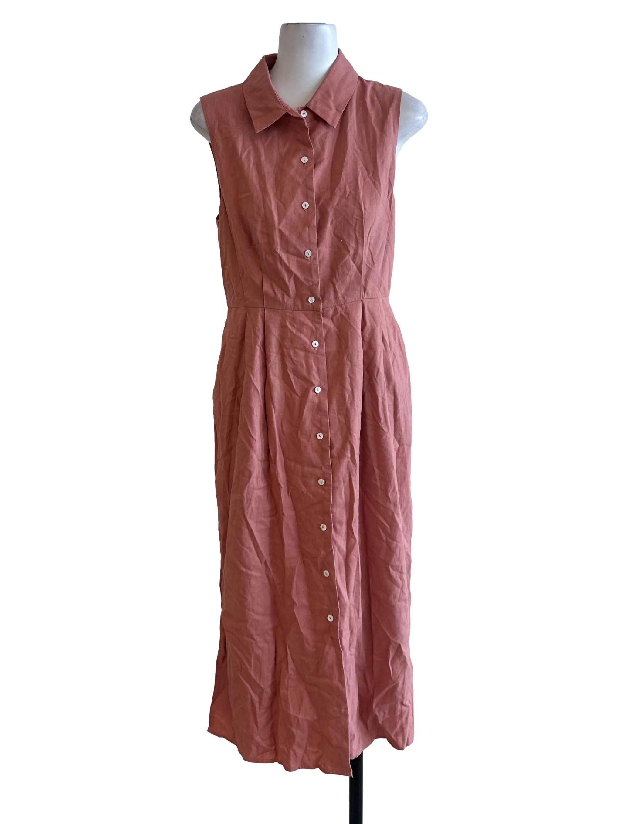 Rose Pink Button Linen Collar Dress OSN
