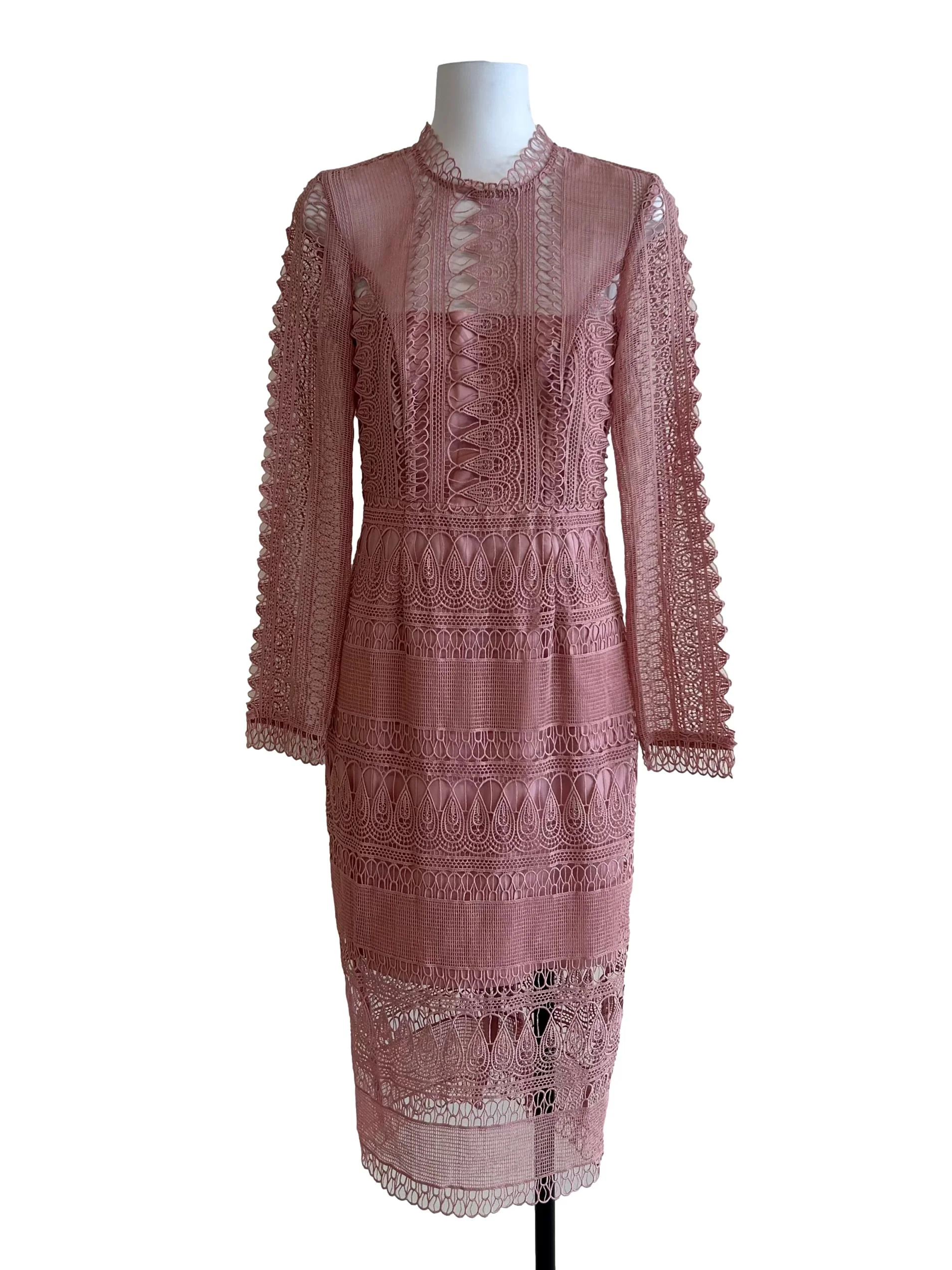 Rose Pink Eyelet Long Sleeves Dress