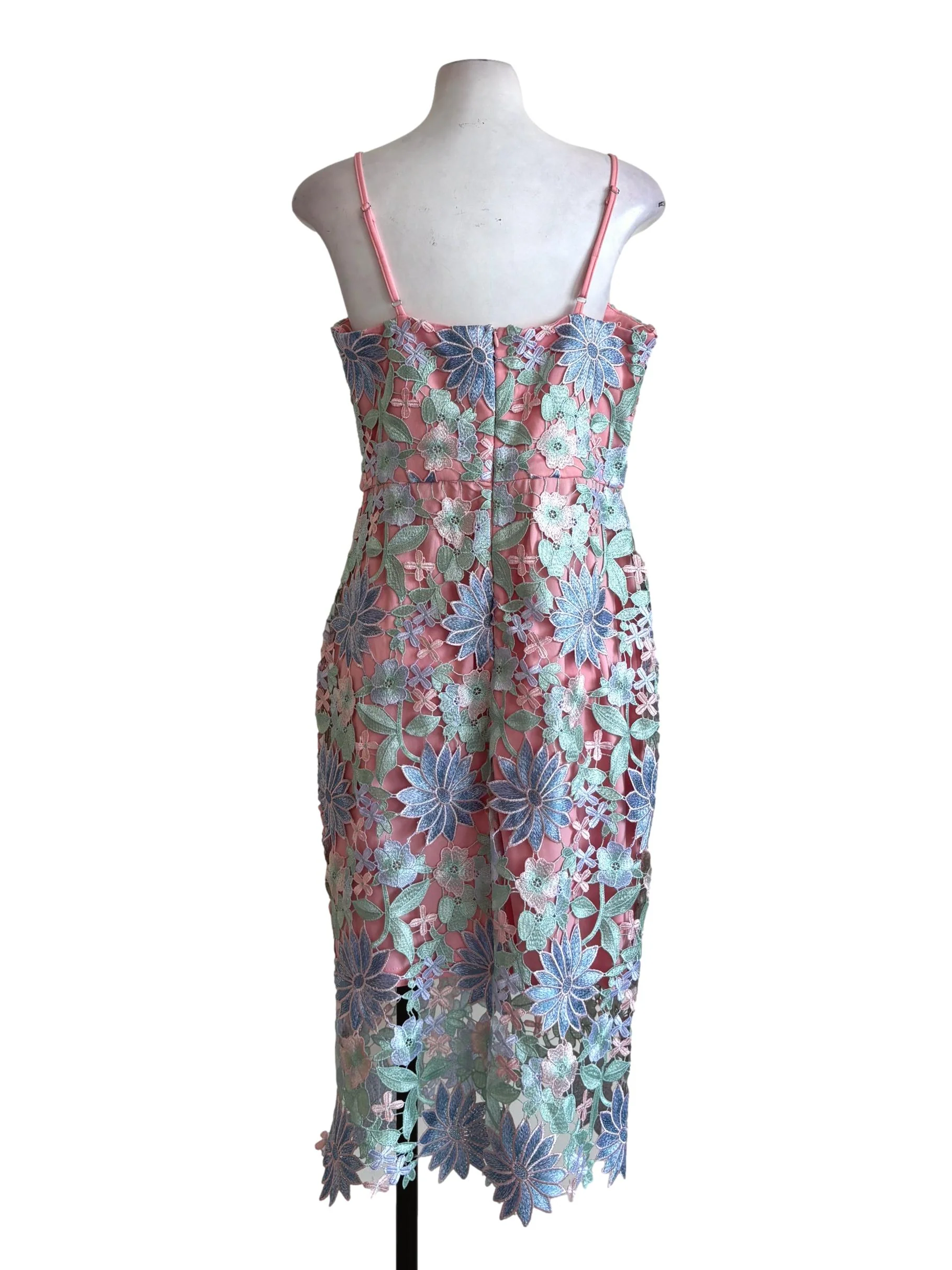 Rose Pink Pastel Blue Floral Lace Pencil Dress - Image 2