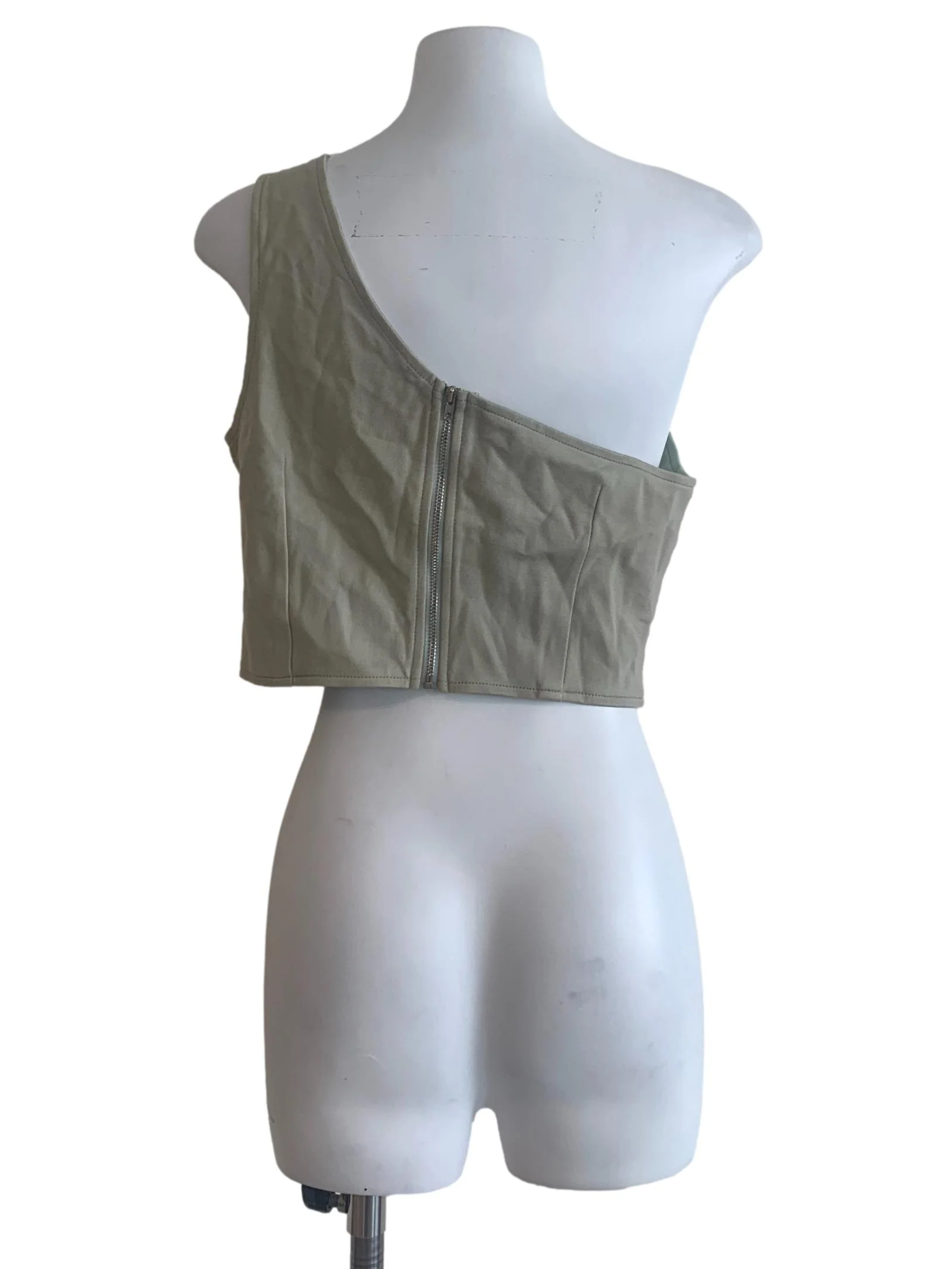 Sage Green Aymmetric Neck Crop Top - Image 2