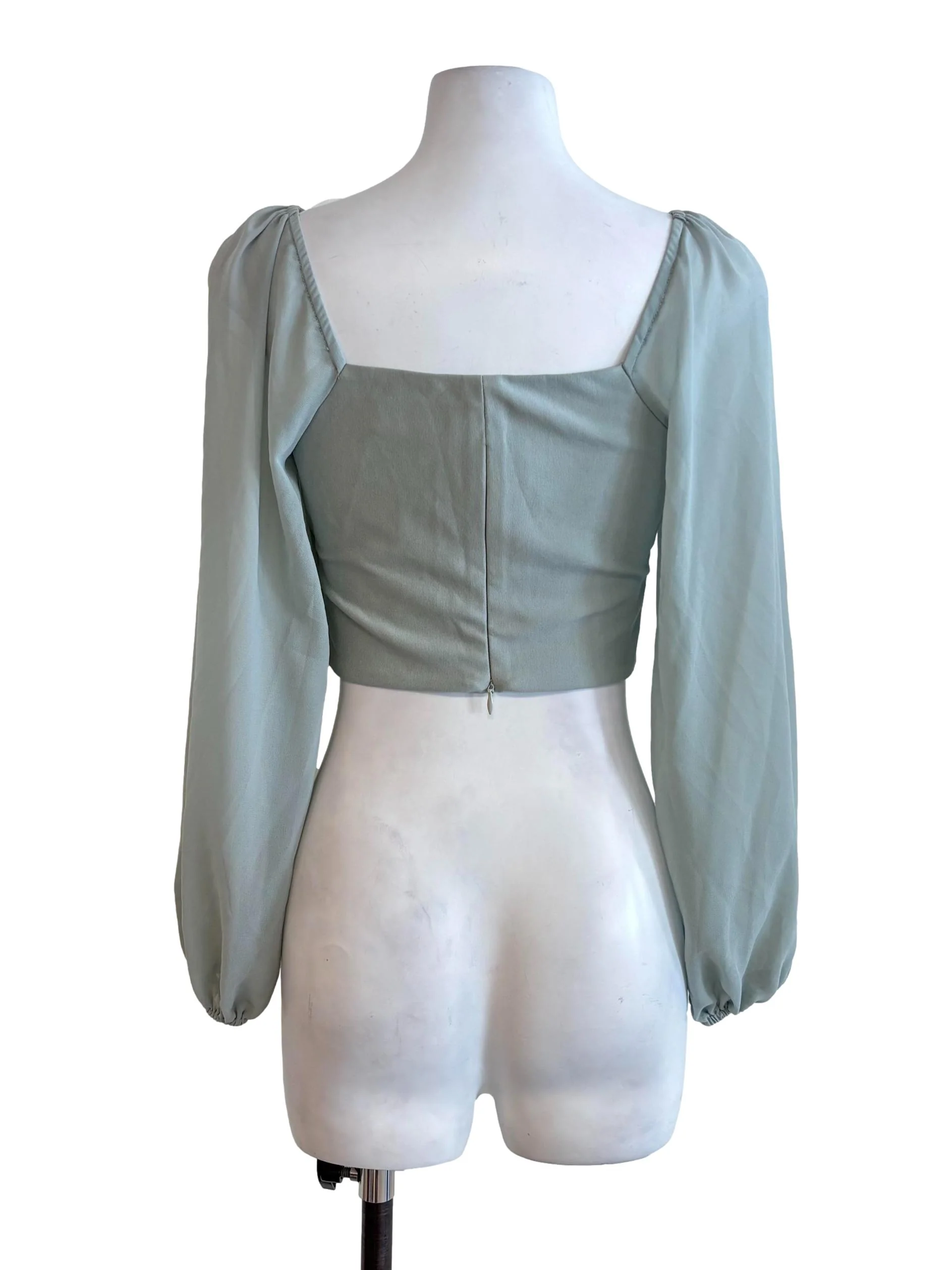 Sage Green Mesh Sleeve Crop Top - Image 2