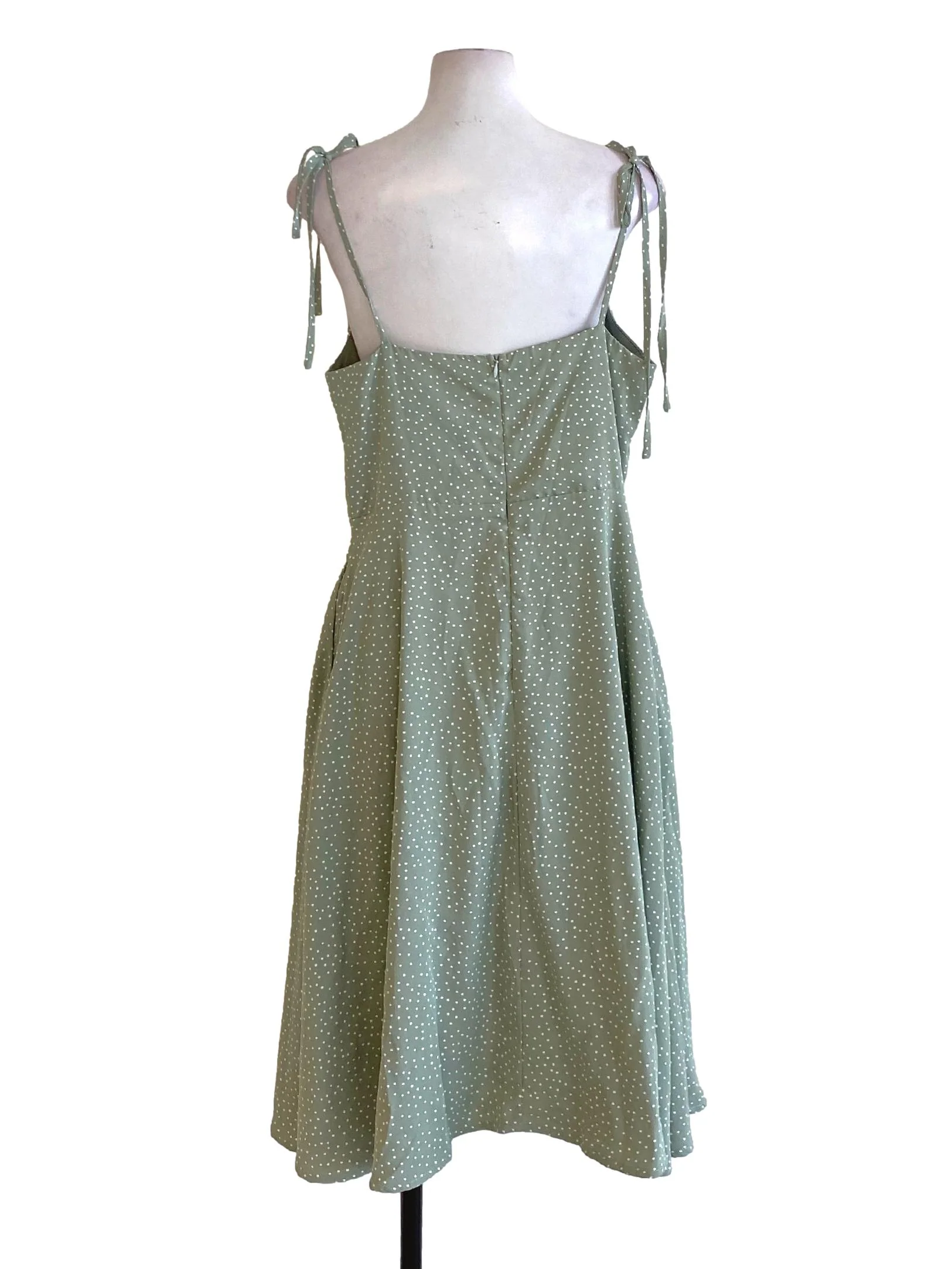 Sage Green Polka Dot Tie Strap A-Line Dress TTR - Image 2