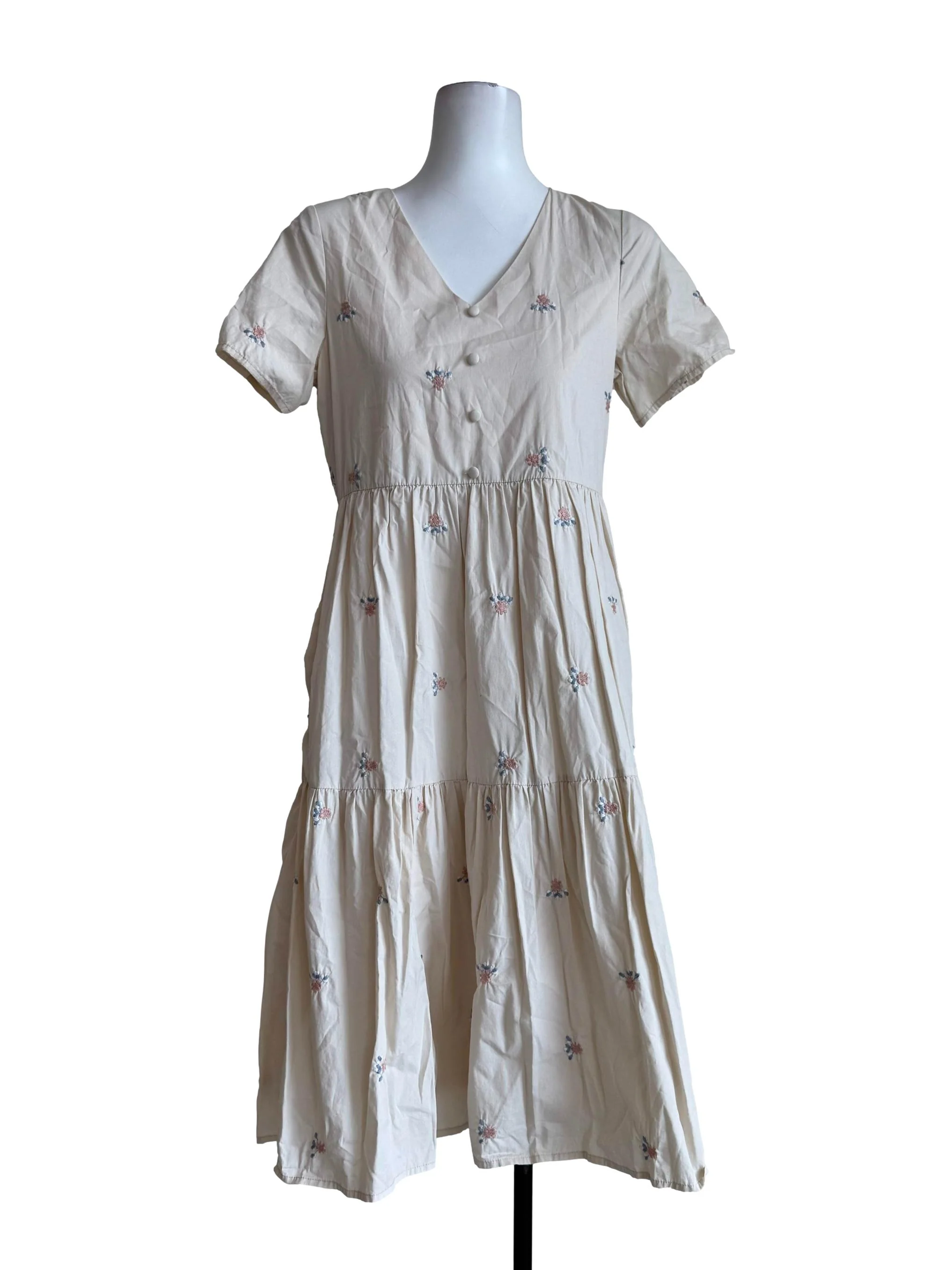 Sand Beige Embroidery V Neck Dress