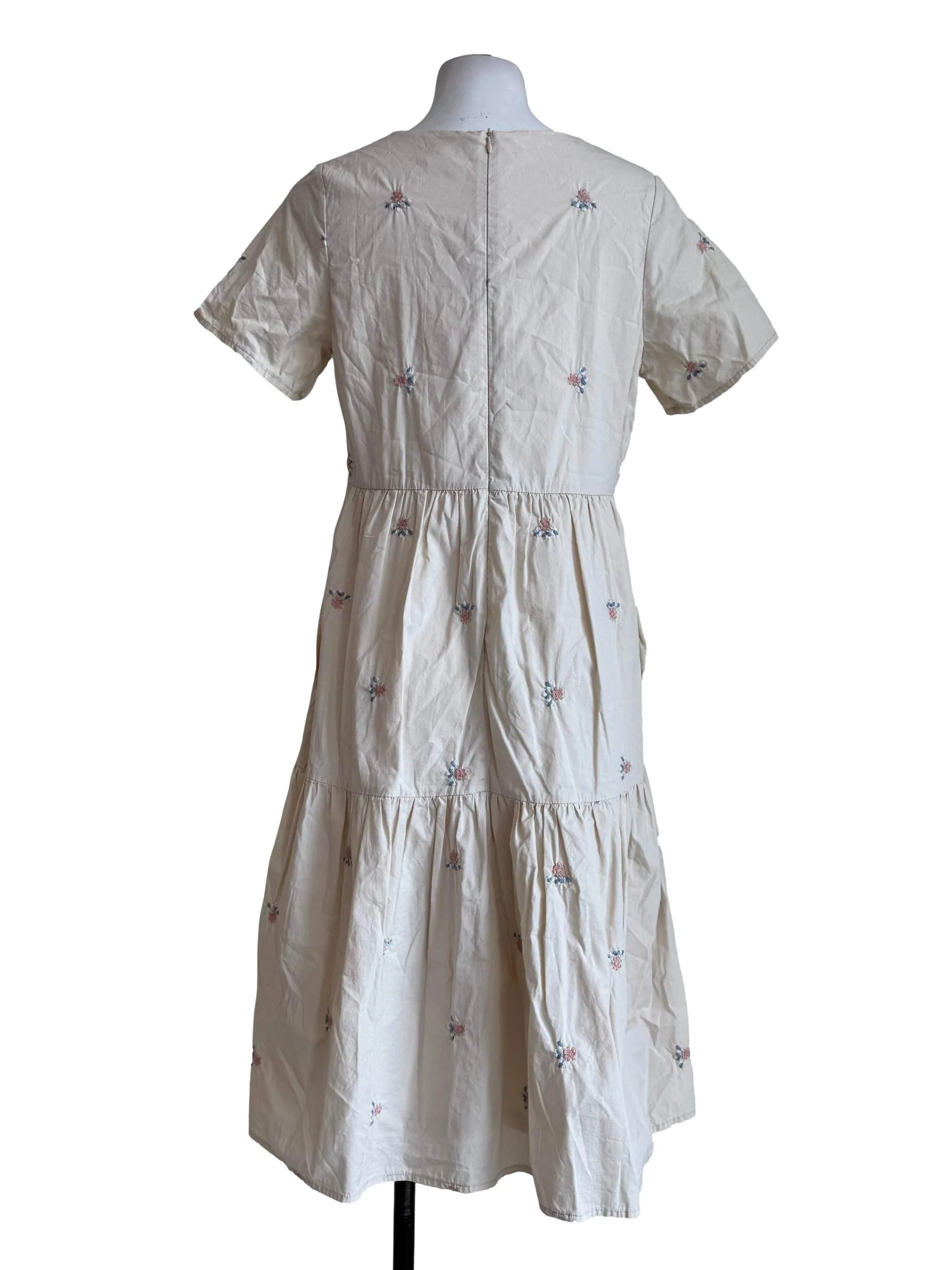 Sand Beige Embroidery V Neck Dress - Image 2