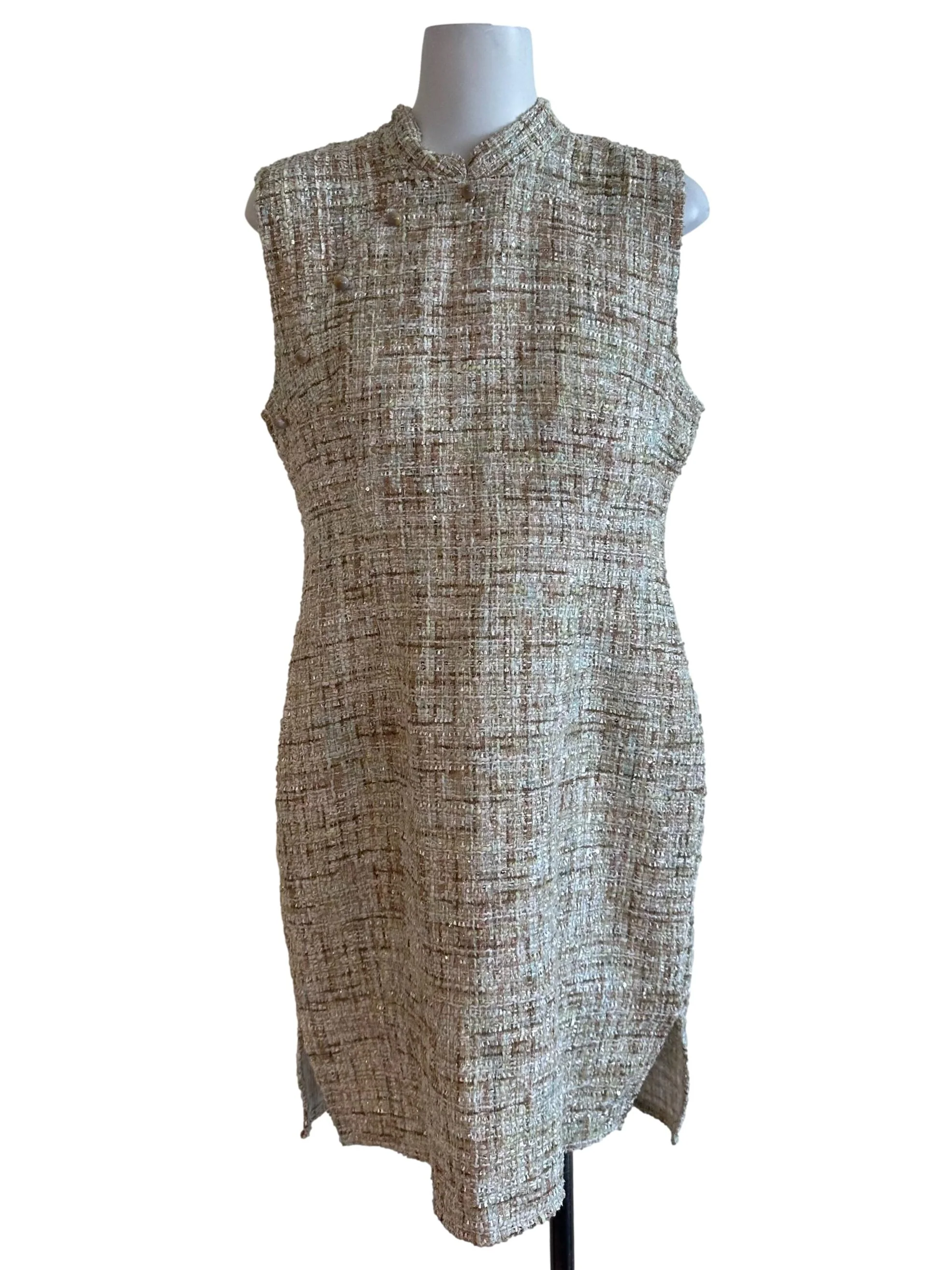Sand Beige Tweed Textured Slit Dress
