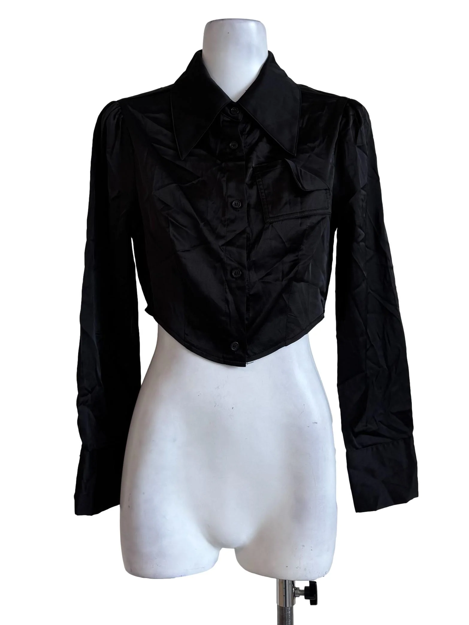 Shiny Black Ribbed Crop Blouse