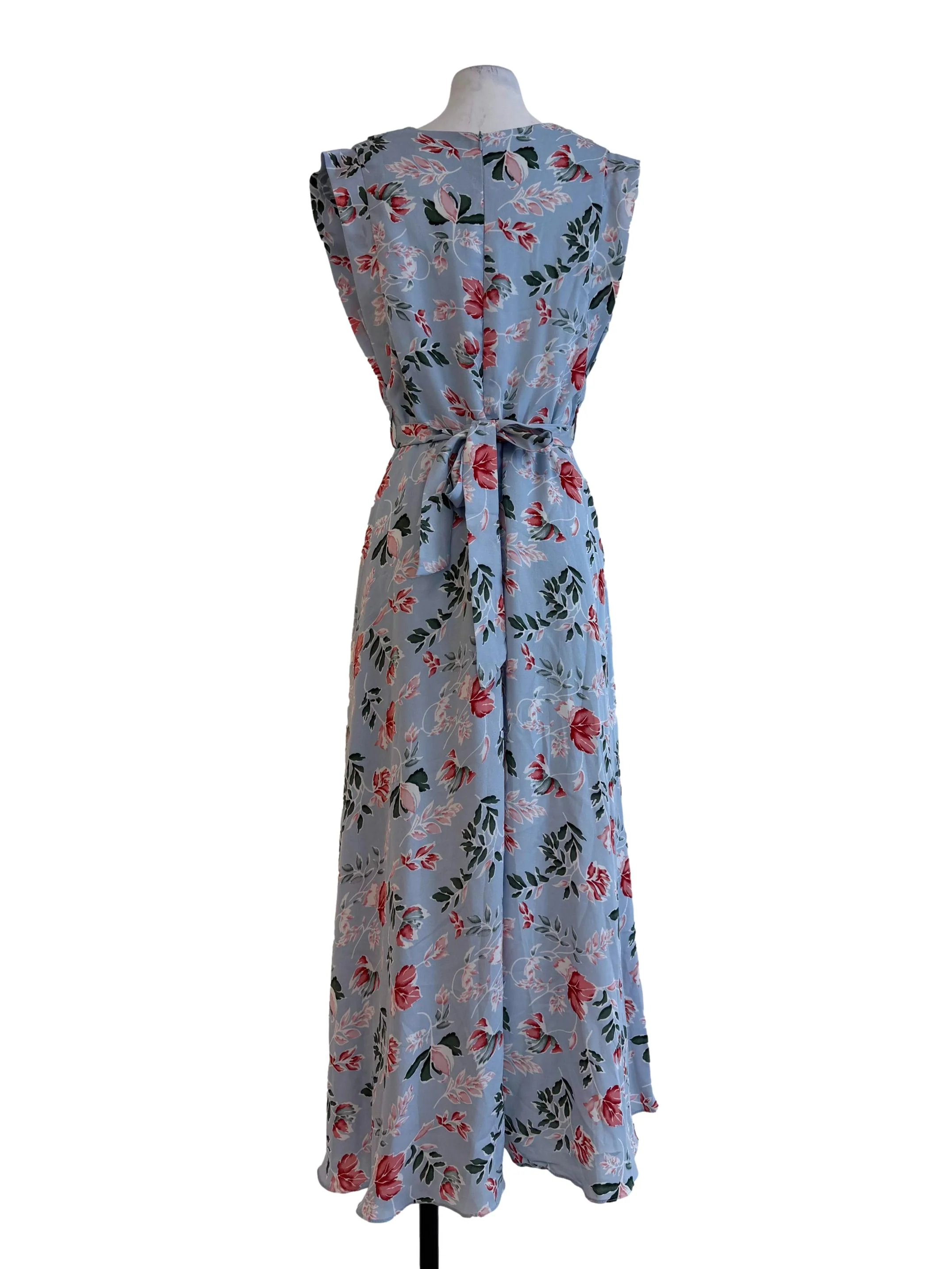 Sky Blue With Floral Prints V Neck Dress - Image 2