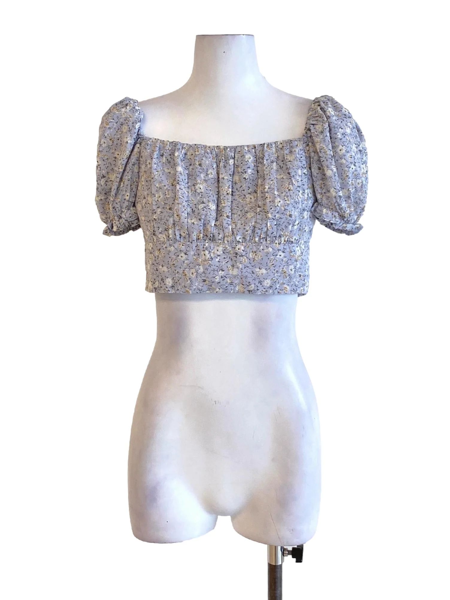 Slate Blue Floral Square Neck Peasant Cropped Top