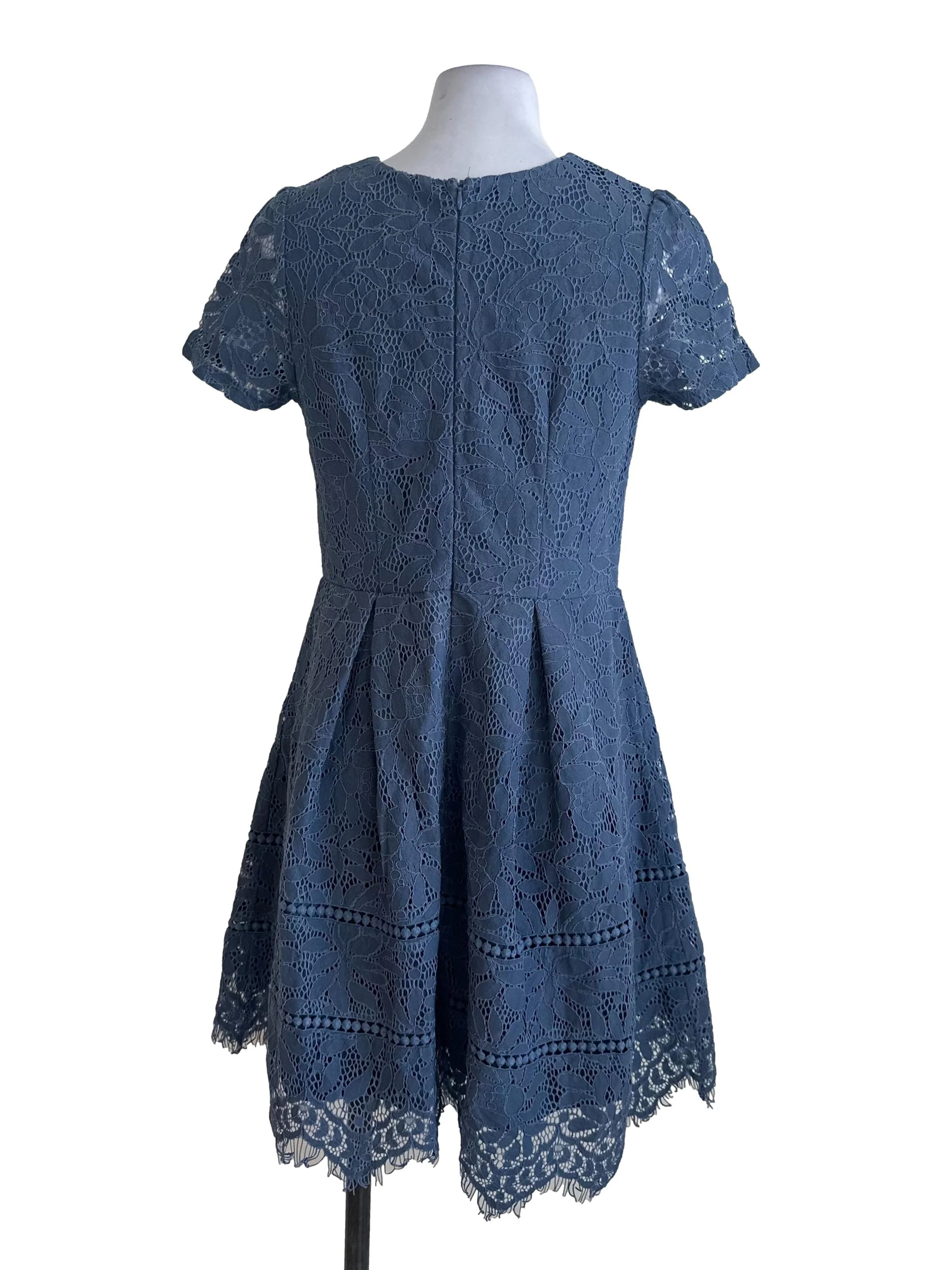Slate Blue Lace Round Neck A Line Dress - Image 2