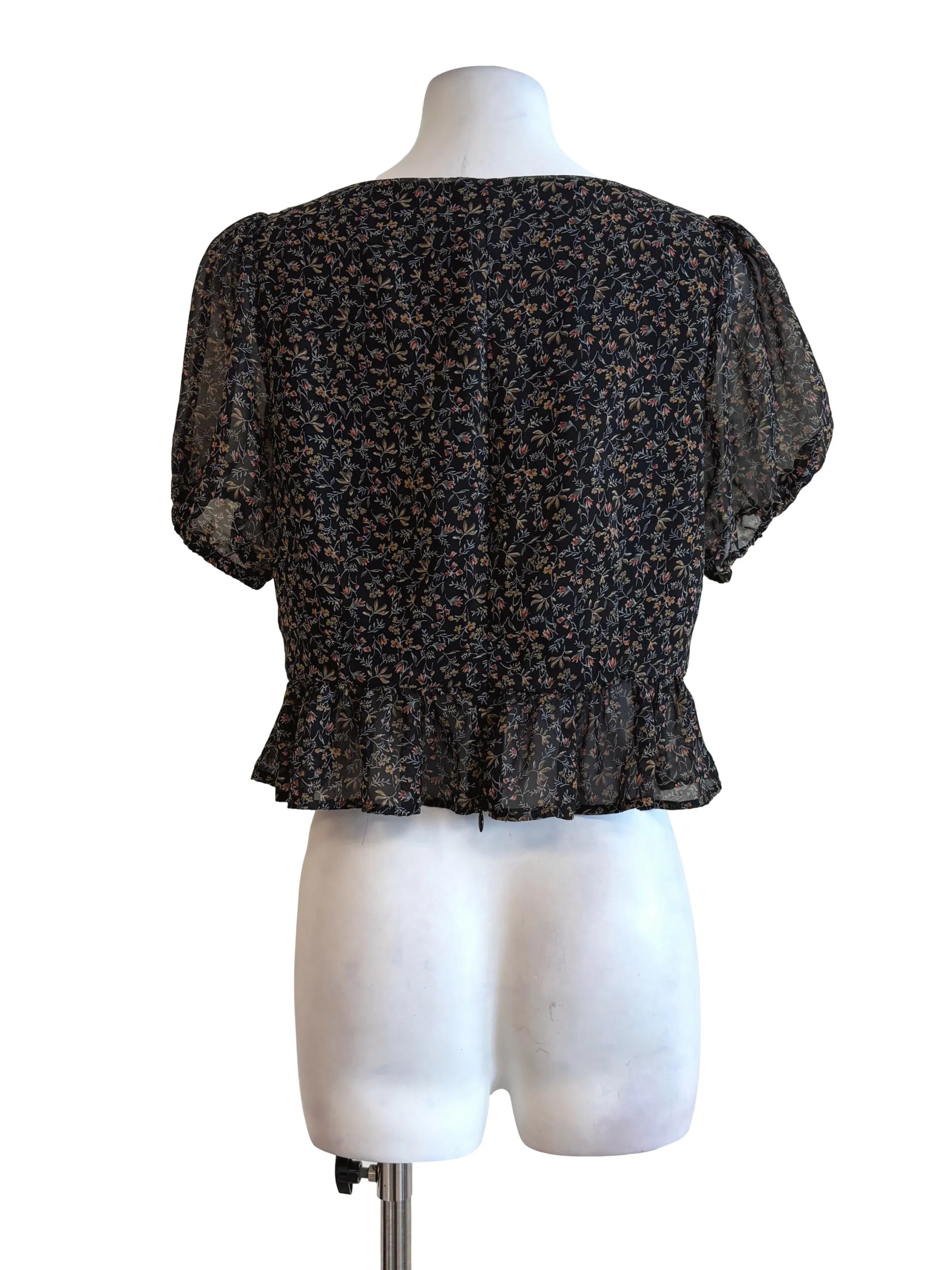 Soft Black Floral Buttoned Peplum Top - Image 2