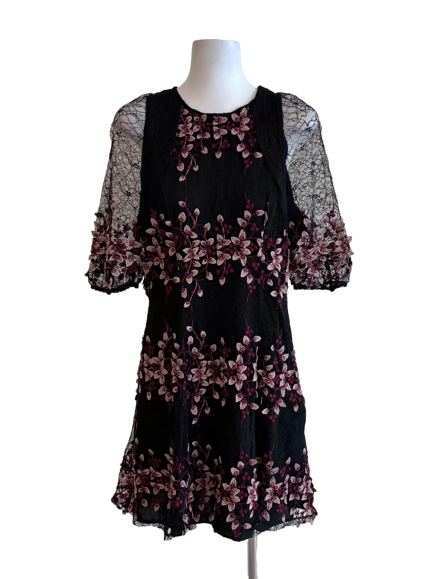 Soft Black Pink Flower Embroidered Dress