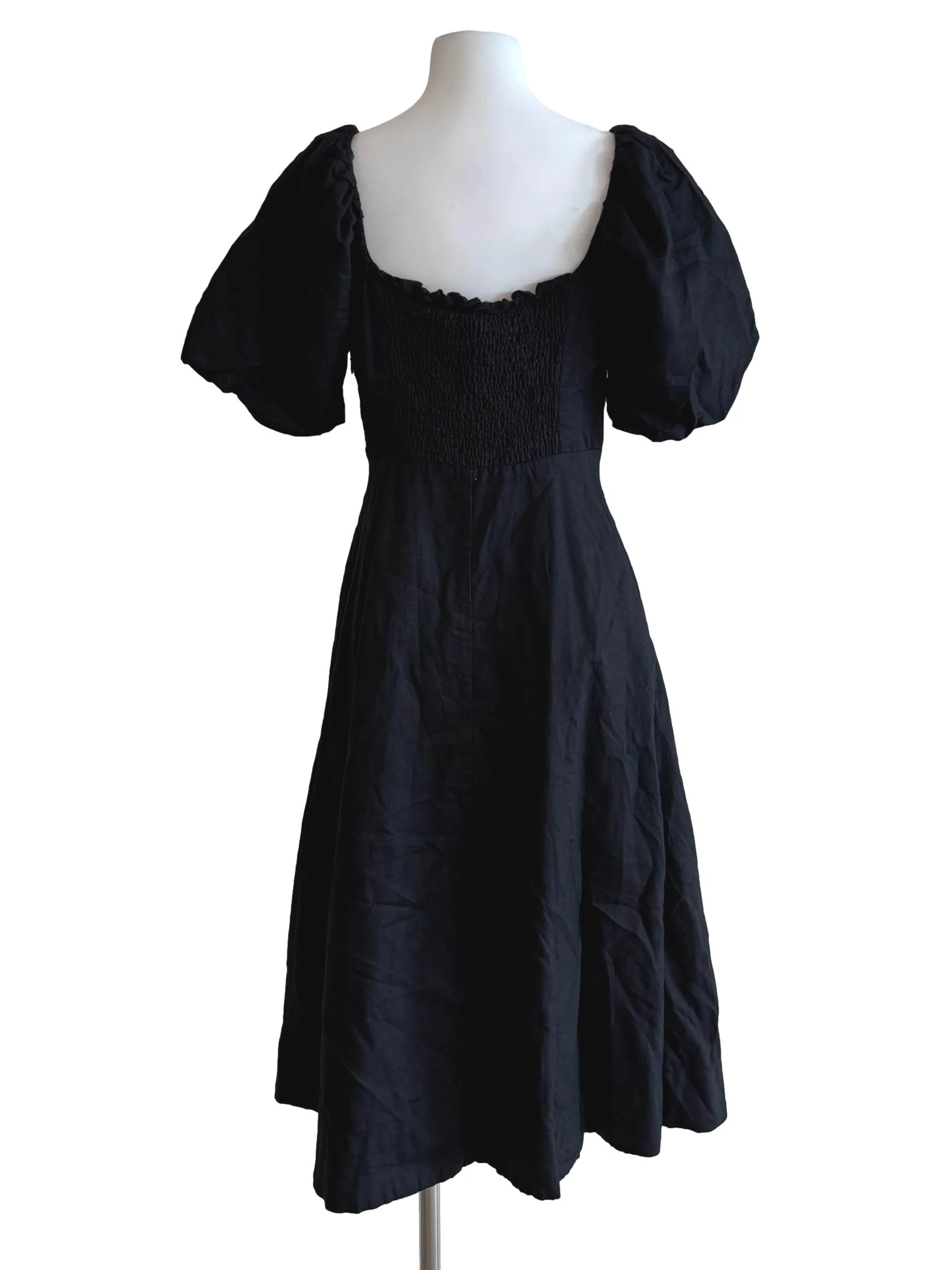 Soft Black Puff Sleeve A-Line Cotton Dress - Image 2