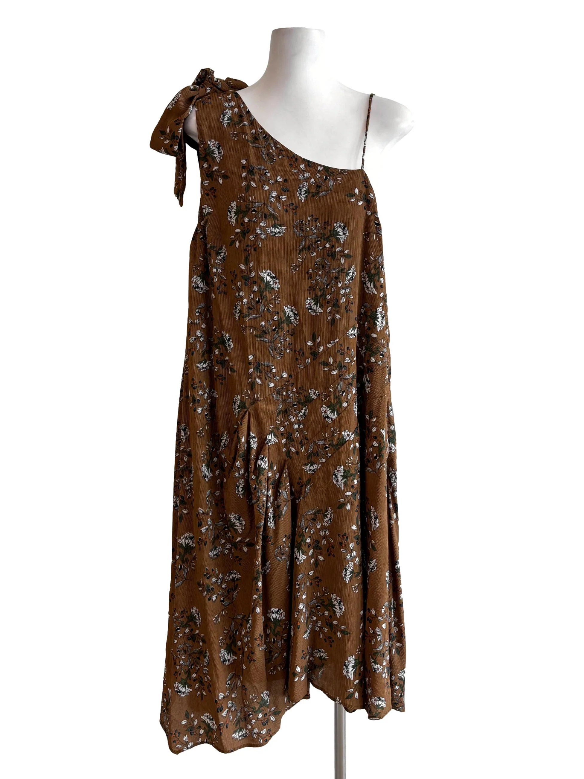 Tan Brown Asymmetrical Floral Dress