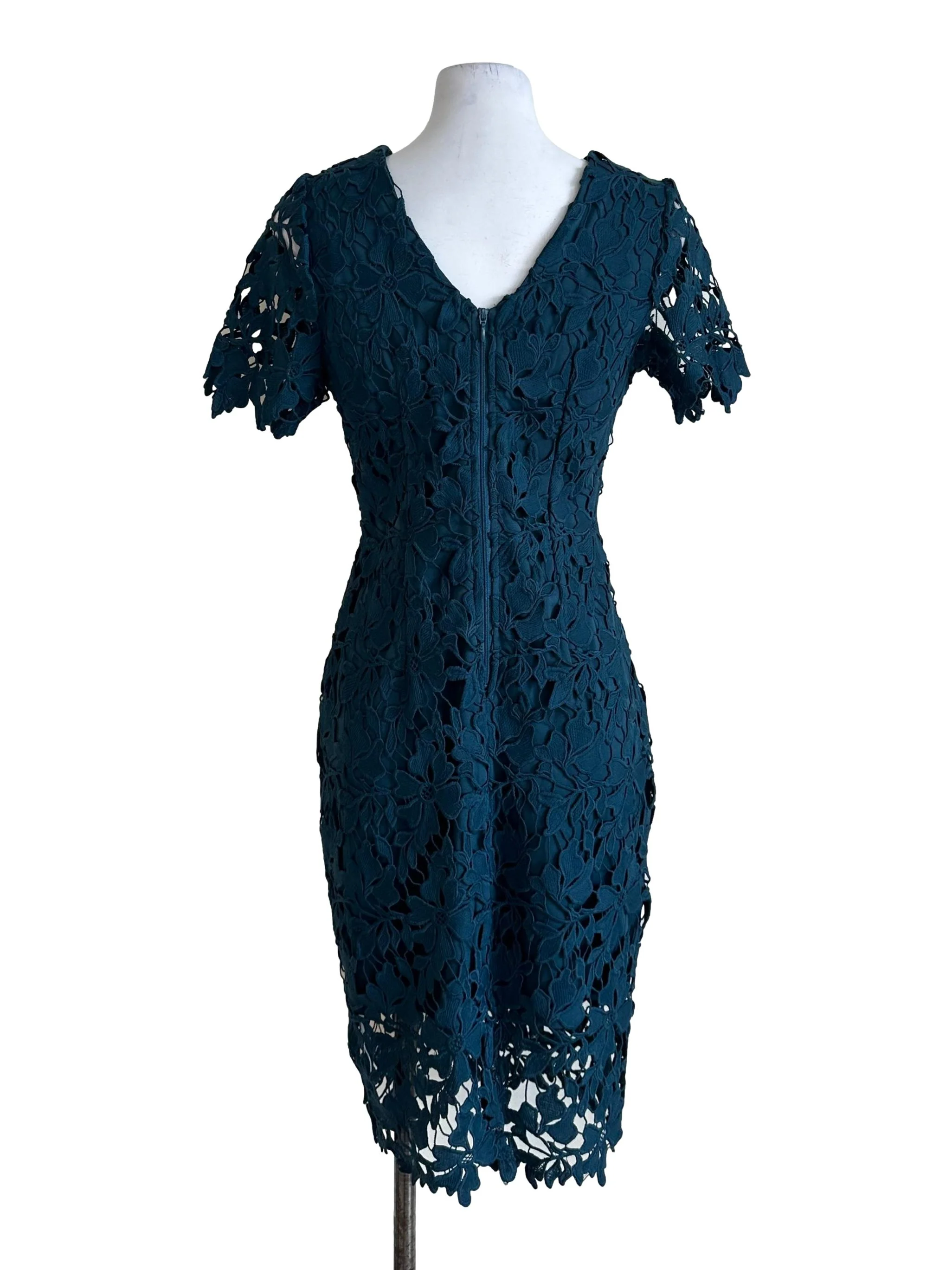 Teal Blue Lace Textured V Neck Dress - Image 2