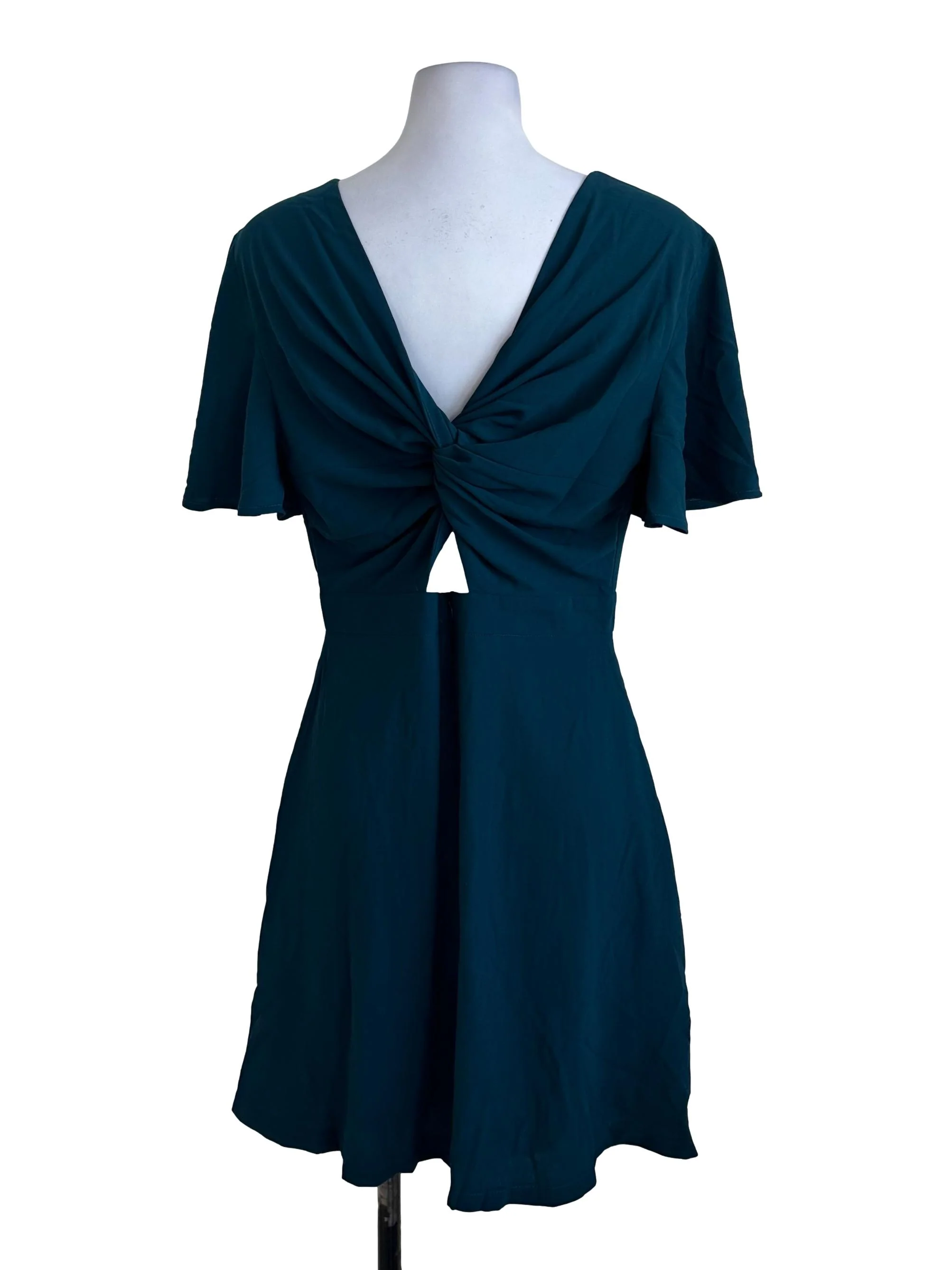 Teal Green V Neck Flare Sleeve Dress - Image 2