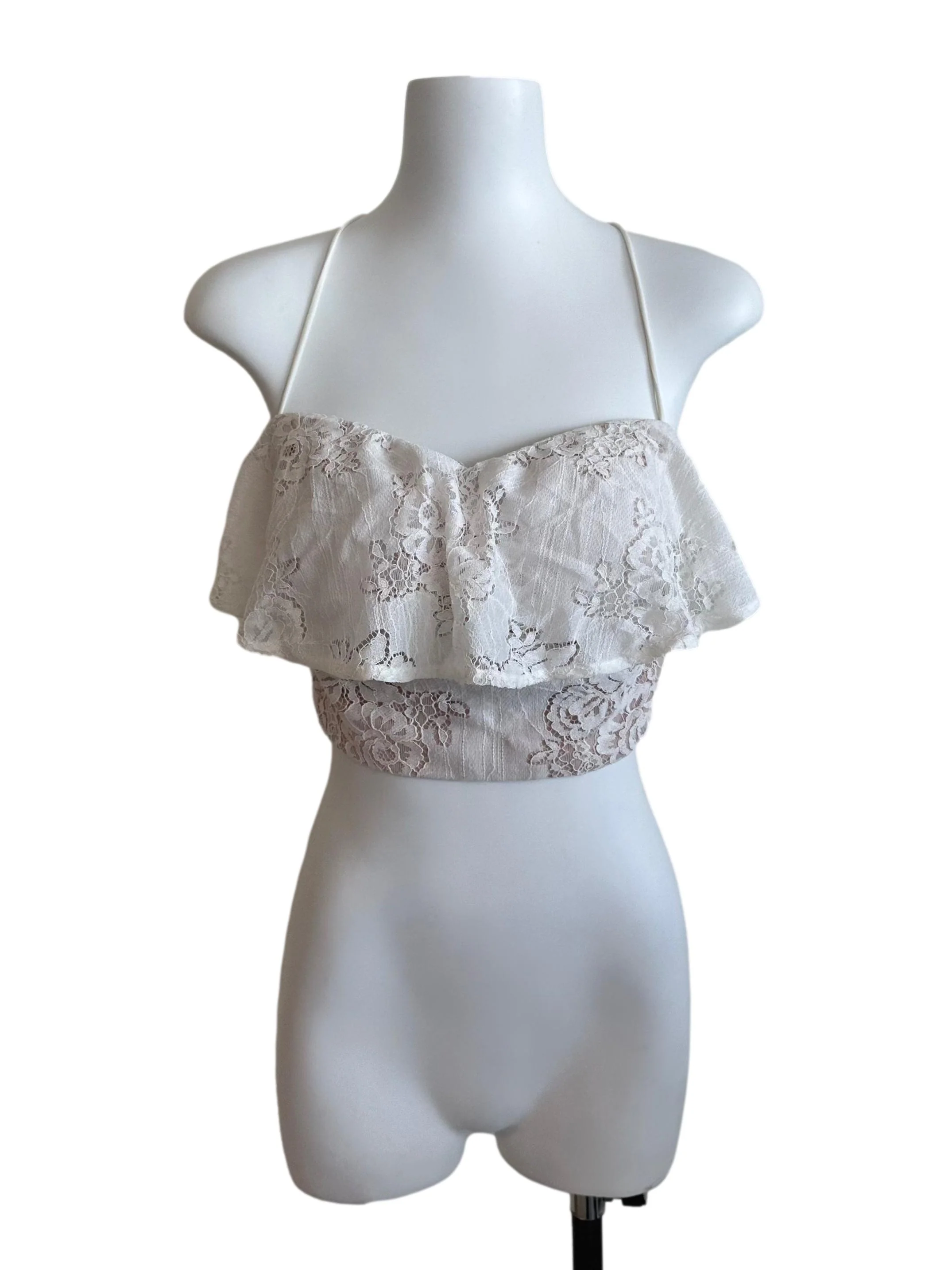 White Beige Lace Layered Back Overlap Top