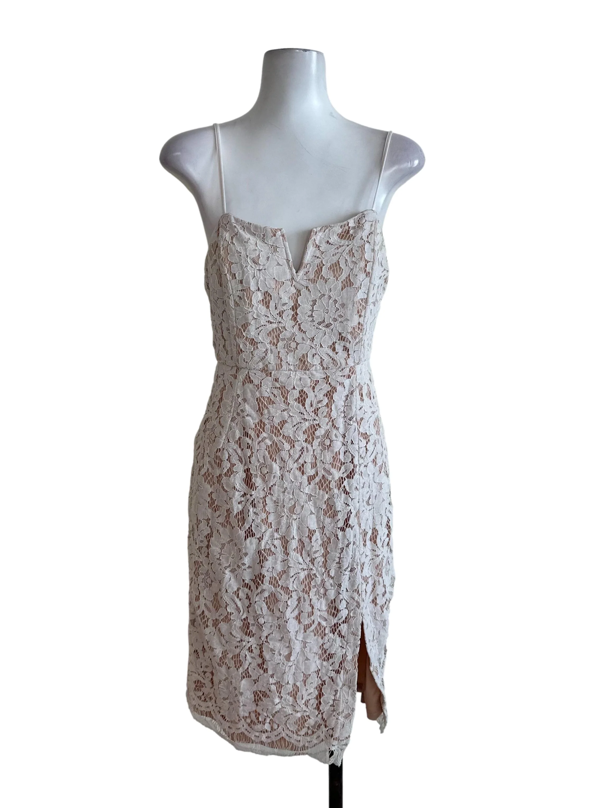 White Beige Lace Square Neck Slit Dress
